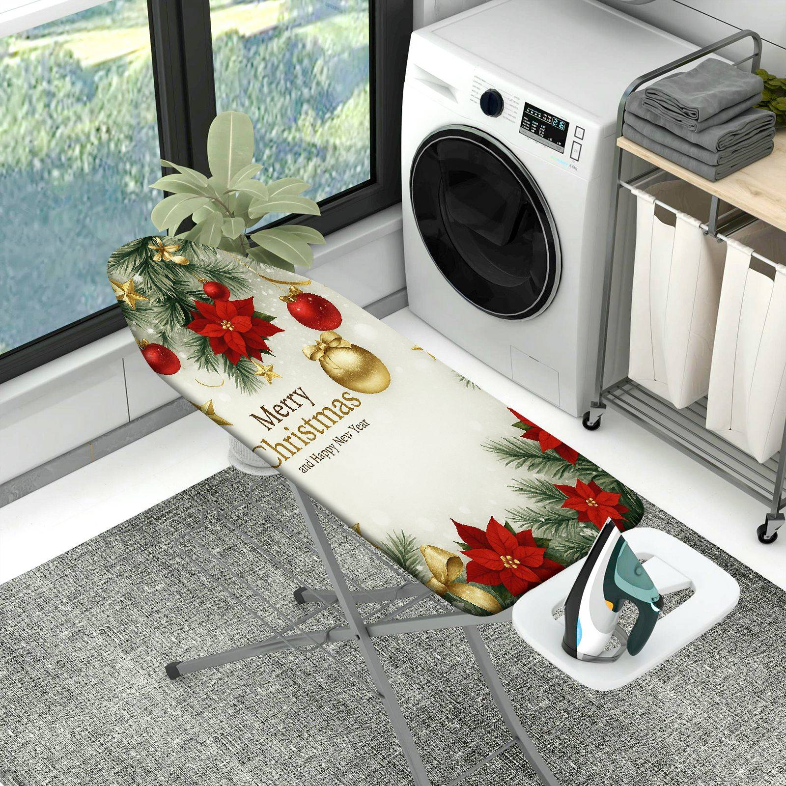 1-Piece Christmas Poinsettia Ornaments  Ironing Board Cover, Universal Size, Without Board