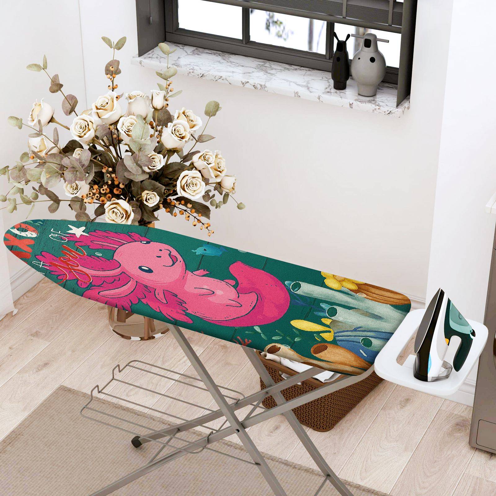 1-Piece Pink Axolotl  Ocean  Ironing Board Cover, Universal Size, Without Board