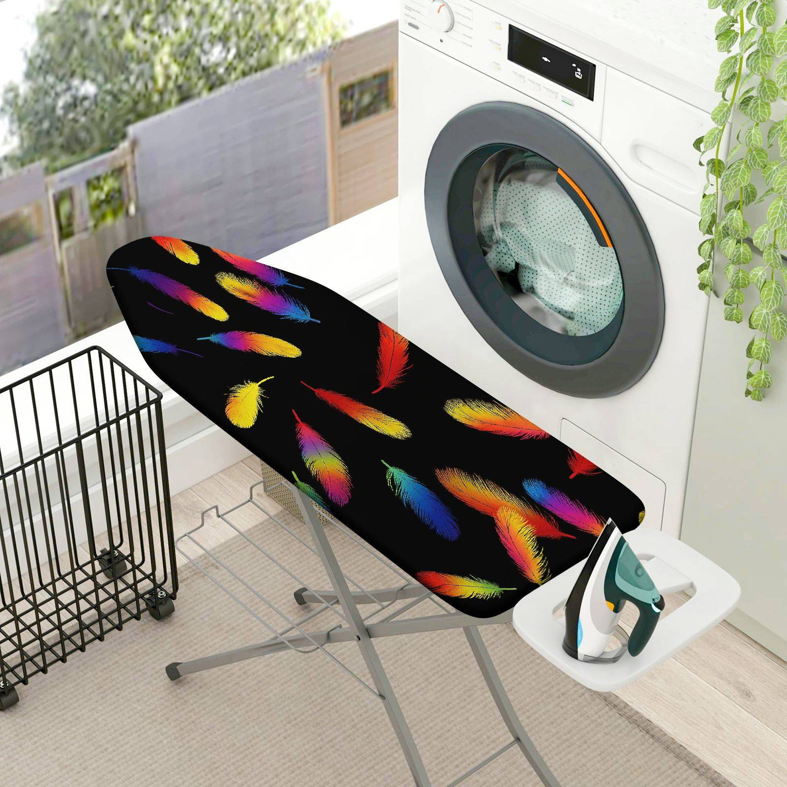 1-Piece Feather Pattern Colorful Design Black Background  Ironing Board Cover, Universal Size, Without Board