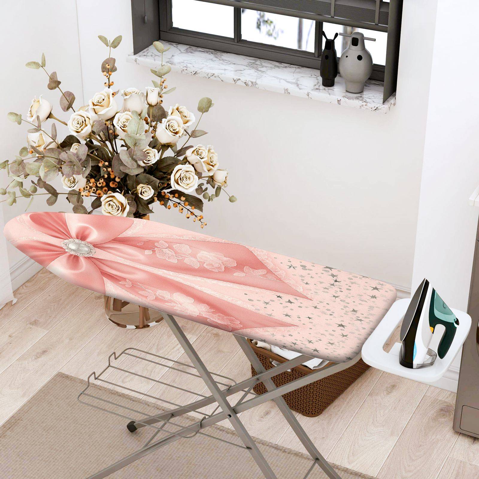1-Piece Pink Floral Ribbon  Ironing Board Cover, Universal Size, Without Board