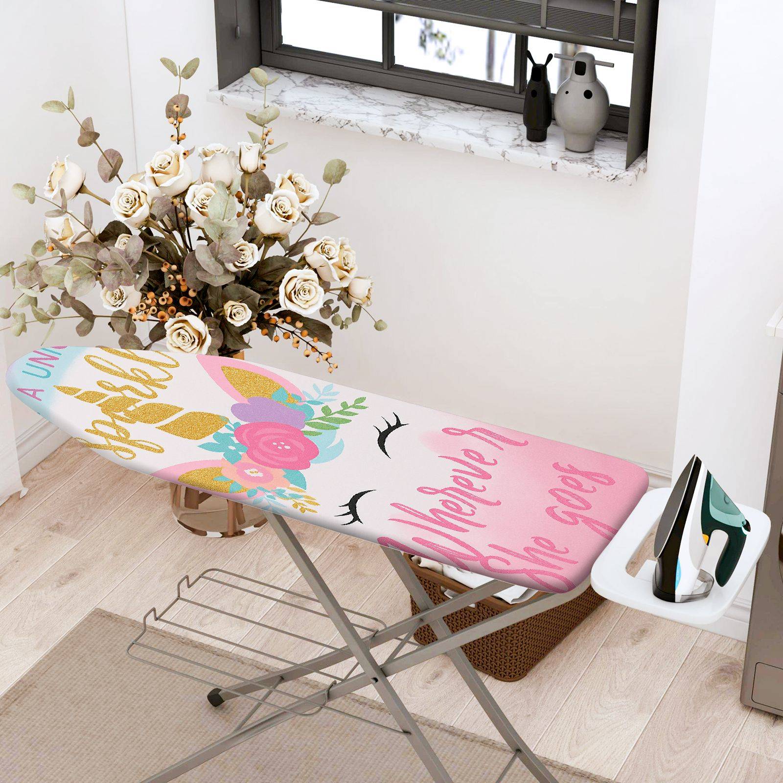 1-Piece Unicorn Pink Glitter Rainbow  Ironing Board Cover, Universal Size, Without Board