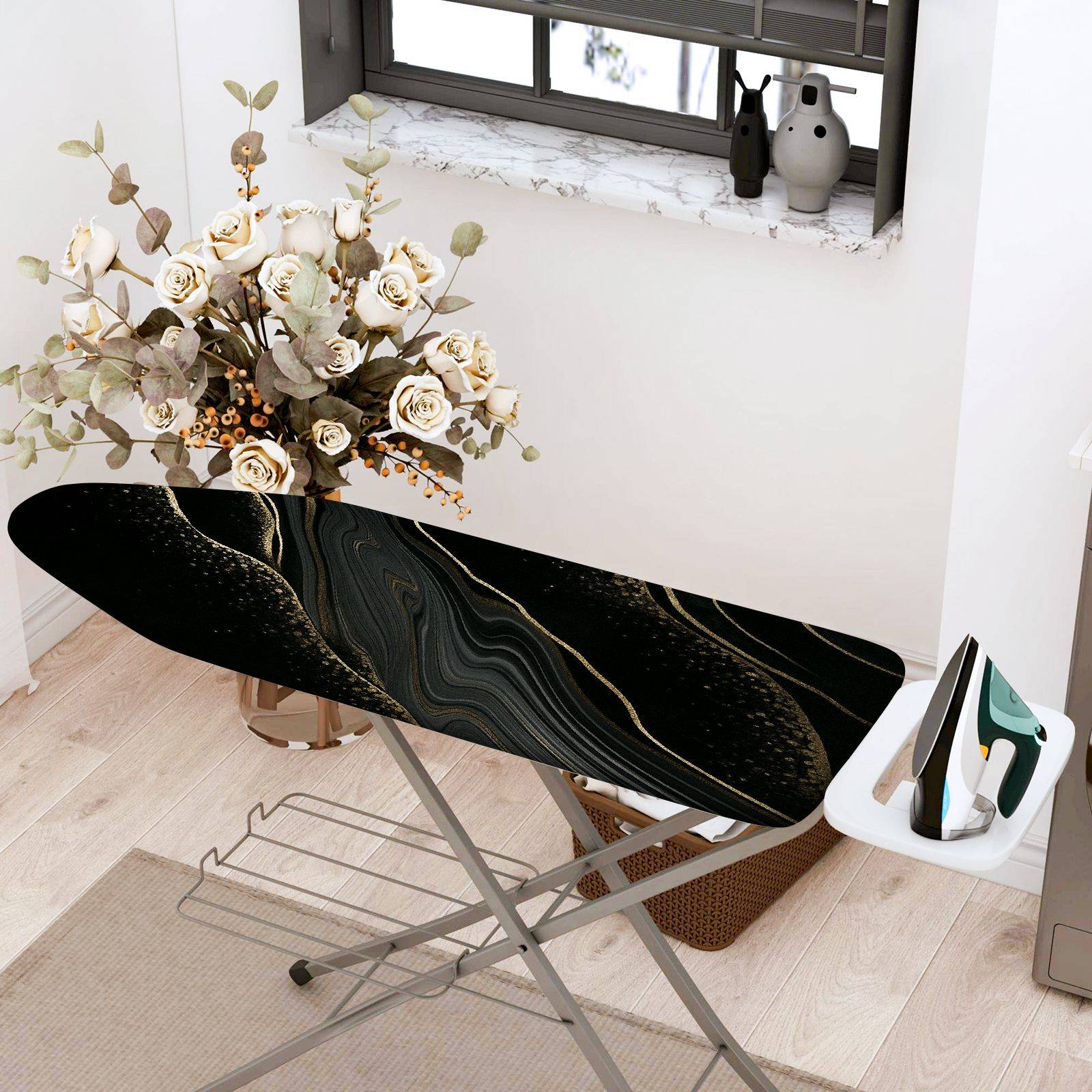 1-Piece Black Gold Pattern Abstract Elegant  Ironing Board Cover, Universal Size, Without Board