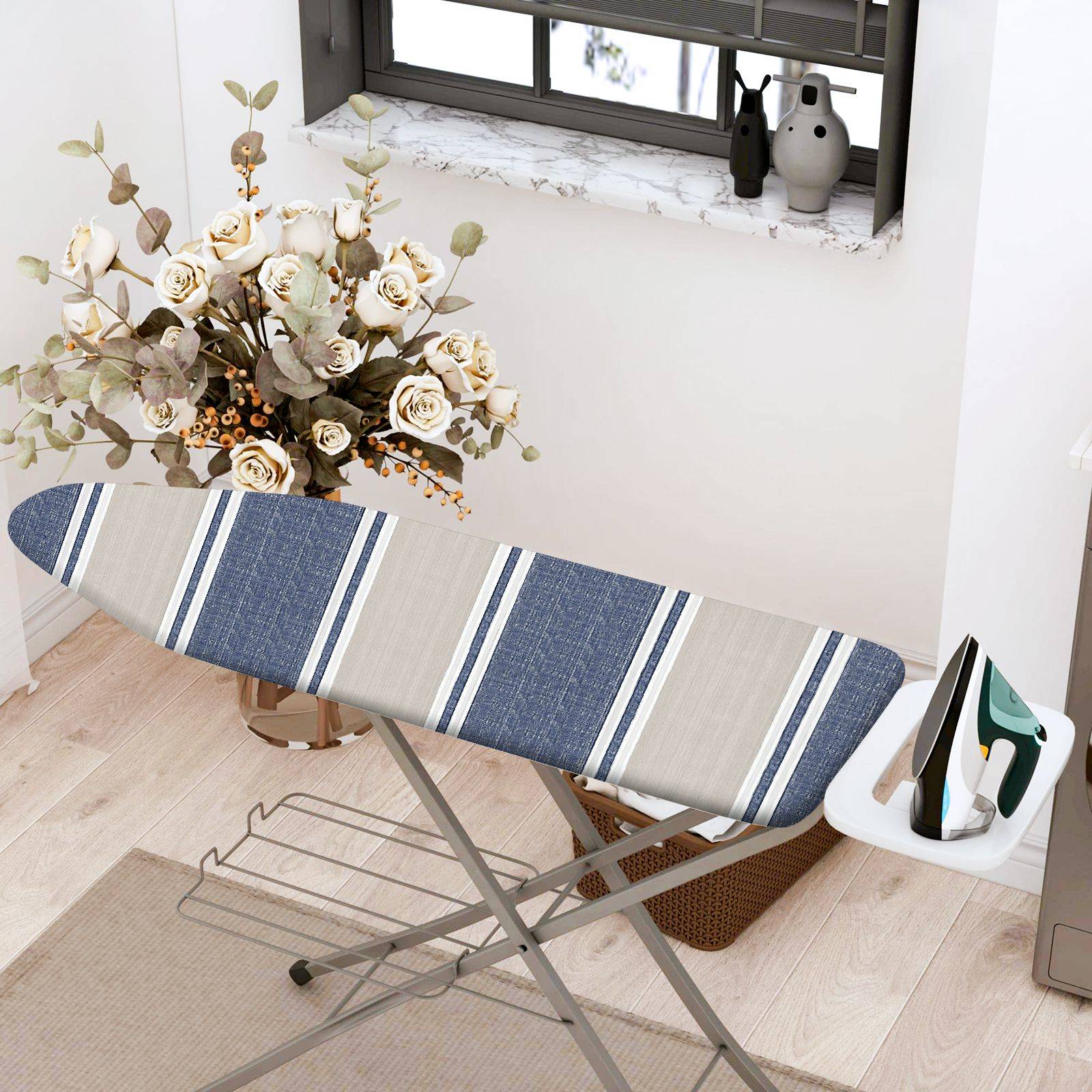 1-Piece Stripe Blue Beige Elegant  Ironing Board Cover, Universal Size, Without Board