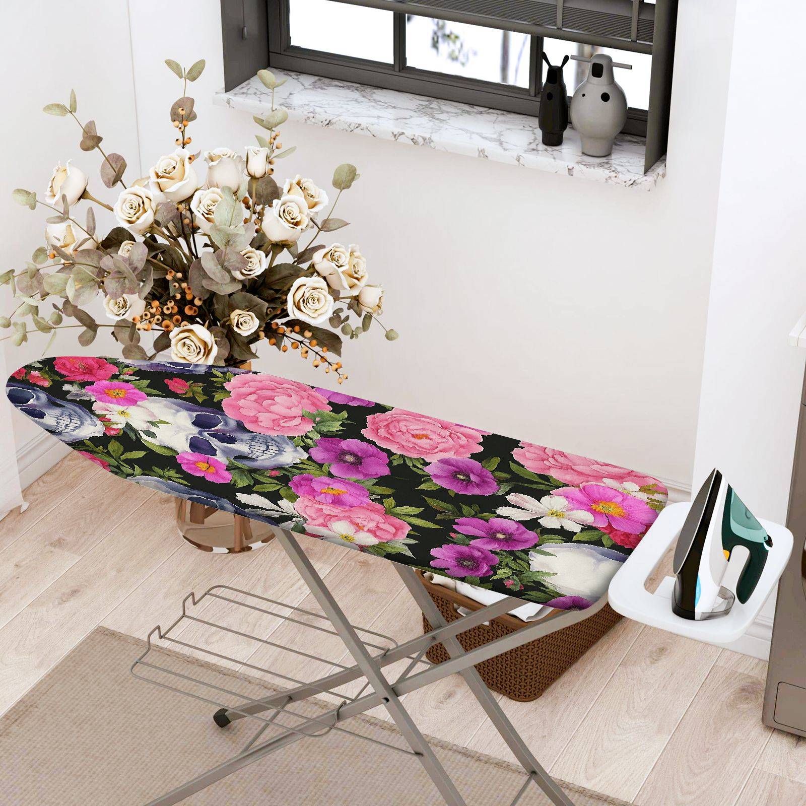 1-Piece Floral Skull Pink  Ironing Board Cover, Universal Size, Without Board