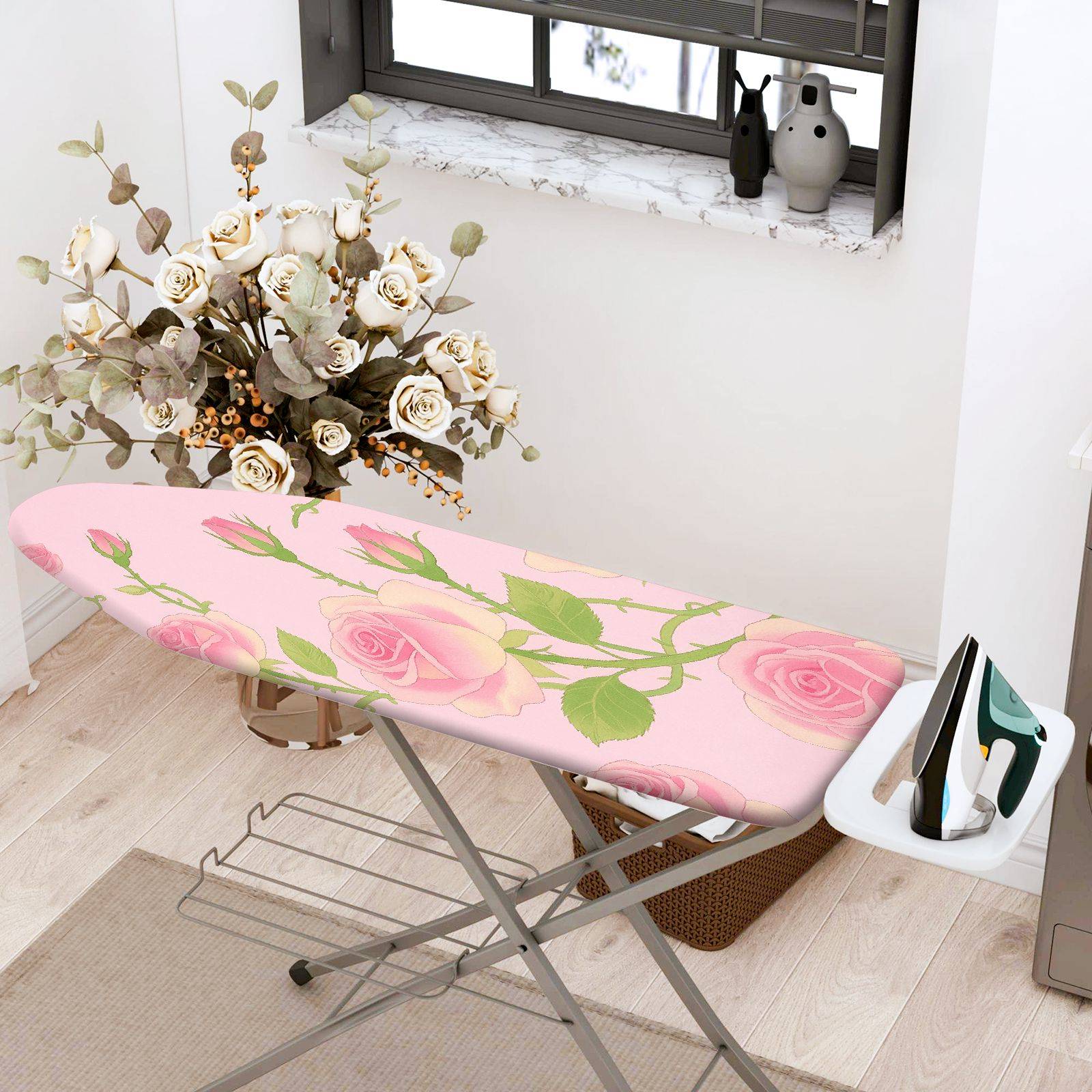 1-Piece Floral Pink Rose  Ironing Board Cover, Universal Size, Without Board