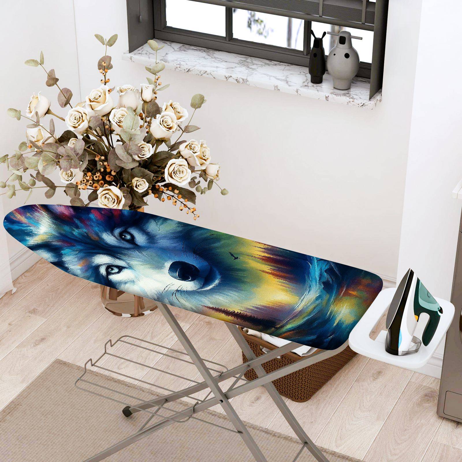 1-Piece Wolf Art Colorful Animal Painting  Ironing Board Cover, Universal Size, Without Board