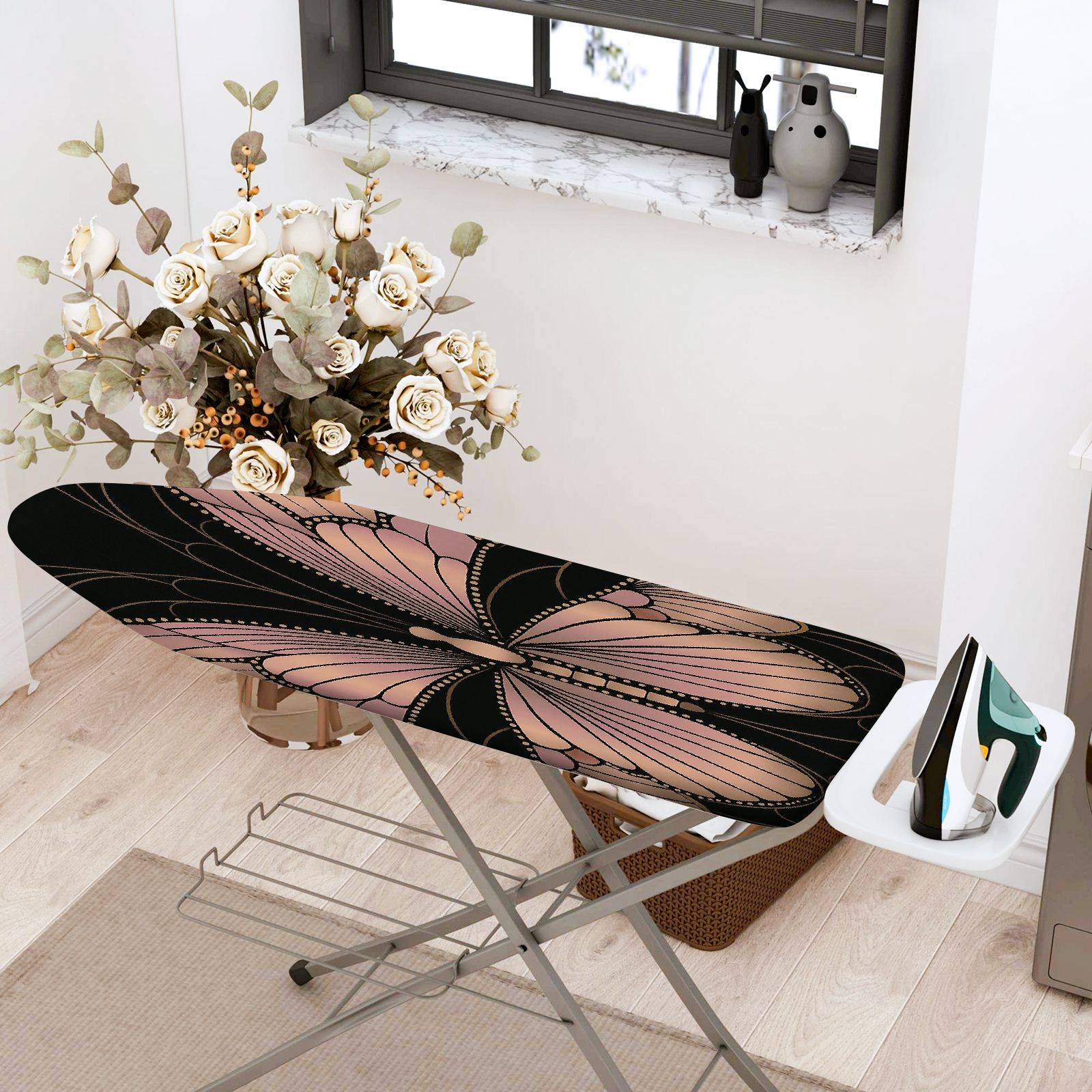 1-Piece Butterfly Black Pink Floral  Ironing Board Cover, Universal Size, Without Board