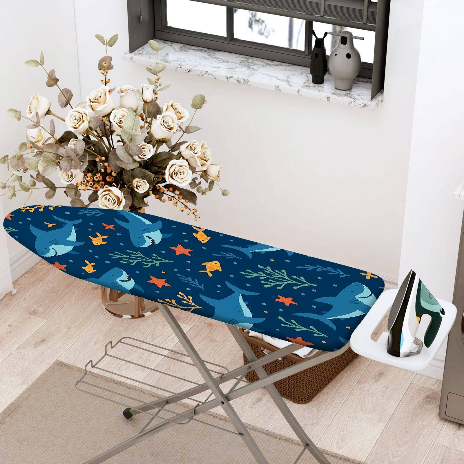 1-Piece Shark Ocean Fish  Ironing Board Cover, Universal Size, Without Board