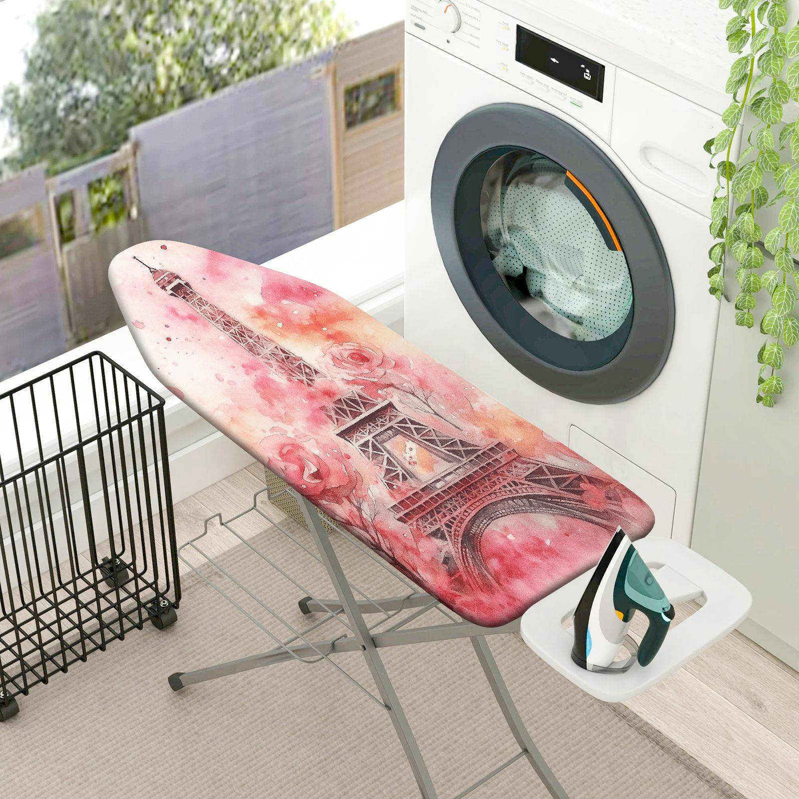 1-Piece Eiffel Tower Floral Pink  Ironing Board Cover, Universal Size, Without Board