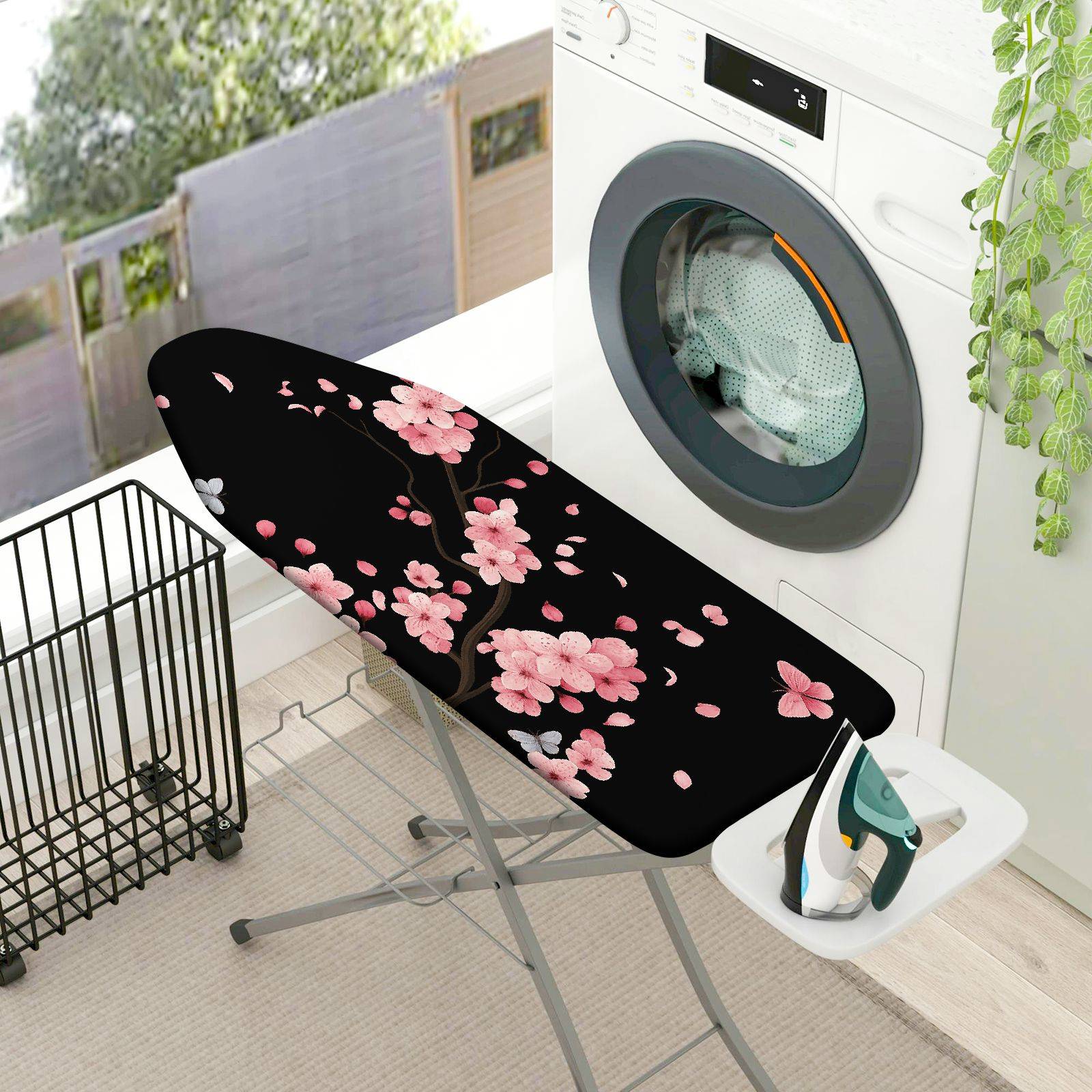 1-Piece Cherry Blossom Pink Floral Black  Ironing Board Cover, Universal Size, Without Board