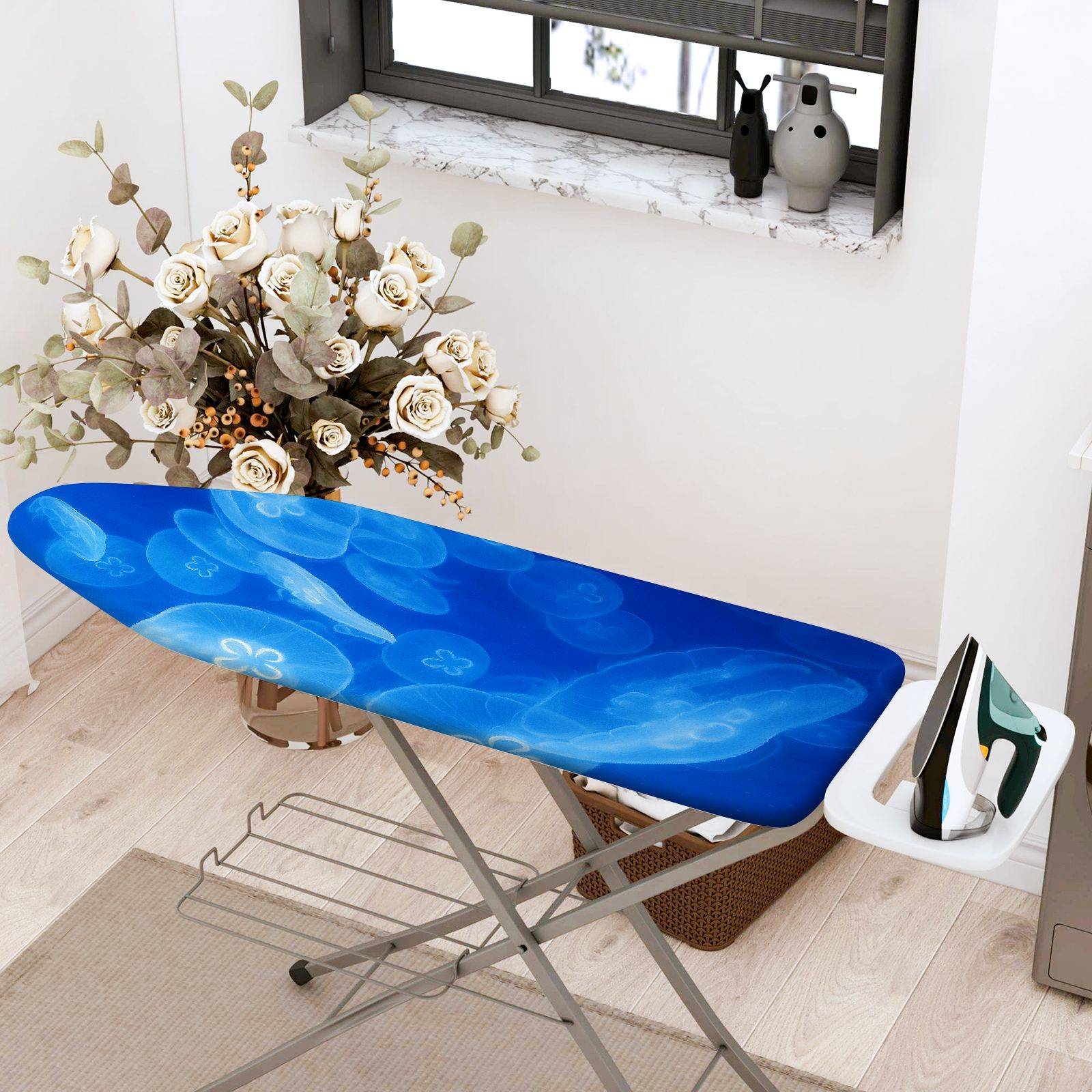 1-Piece Ocean Blue Jellyfish Floral  Ironing Board Cover, Universal Size, Without Board
