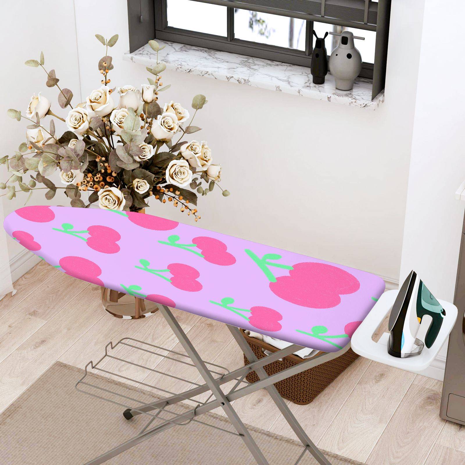 1-Piece Cherry Pink Green Pattern  Ironing Board Cover, Universal Size, Without Board