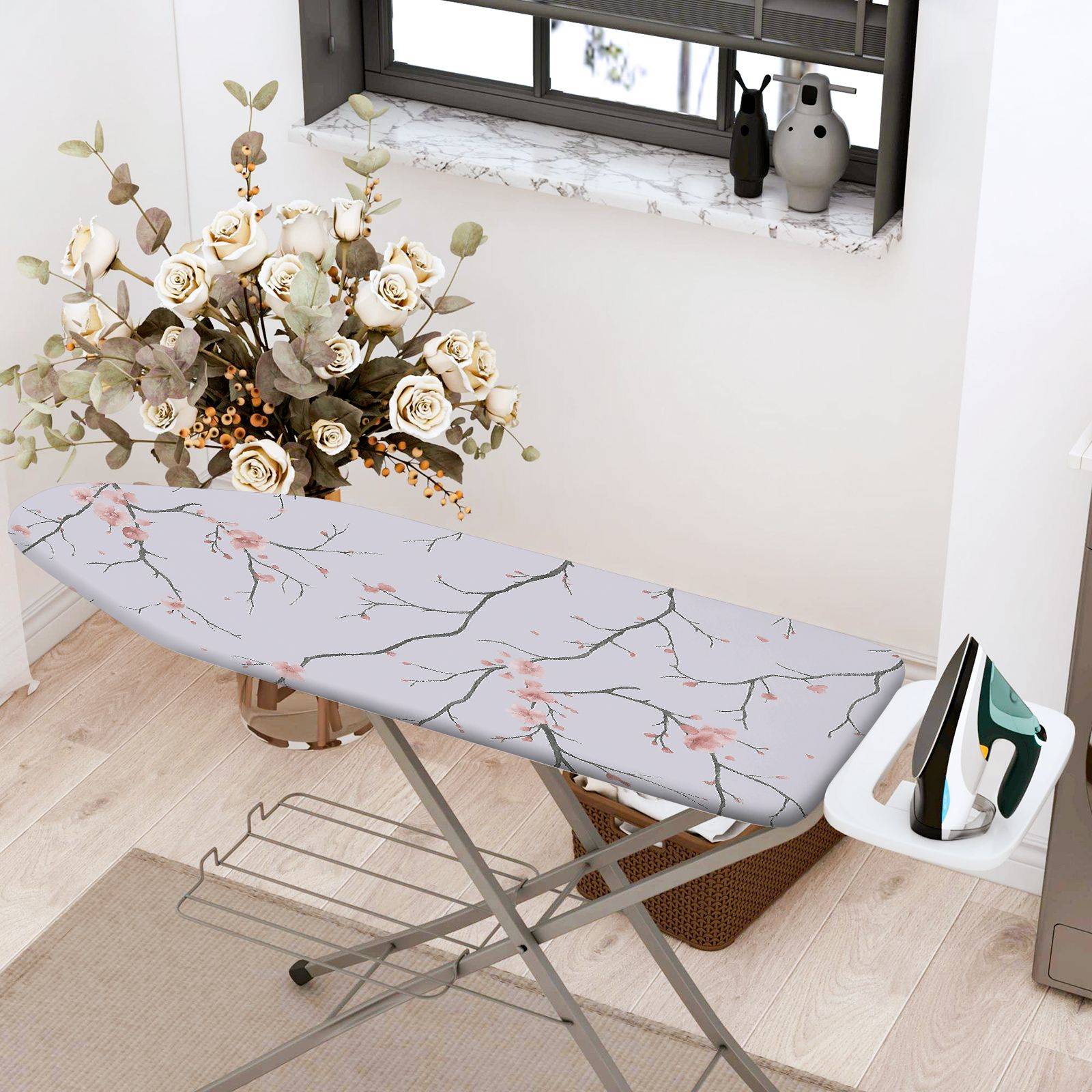 1-Piece Floral Pattern Pink Cherry Blossom Branch  Ironing Board Cover, Universal Size, Without Board