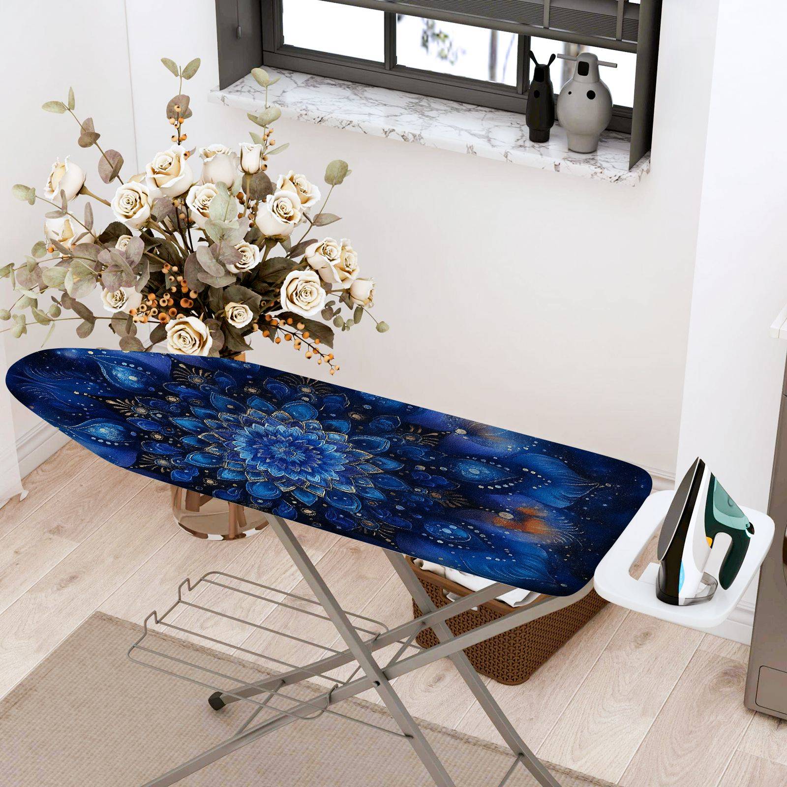 1-Piece Blue Mandala Floral Abstract  Ironing Board Cover, Universal Size, Without Board