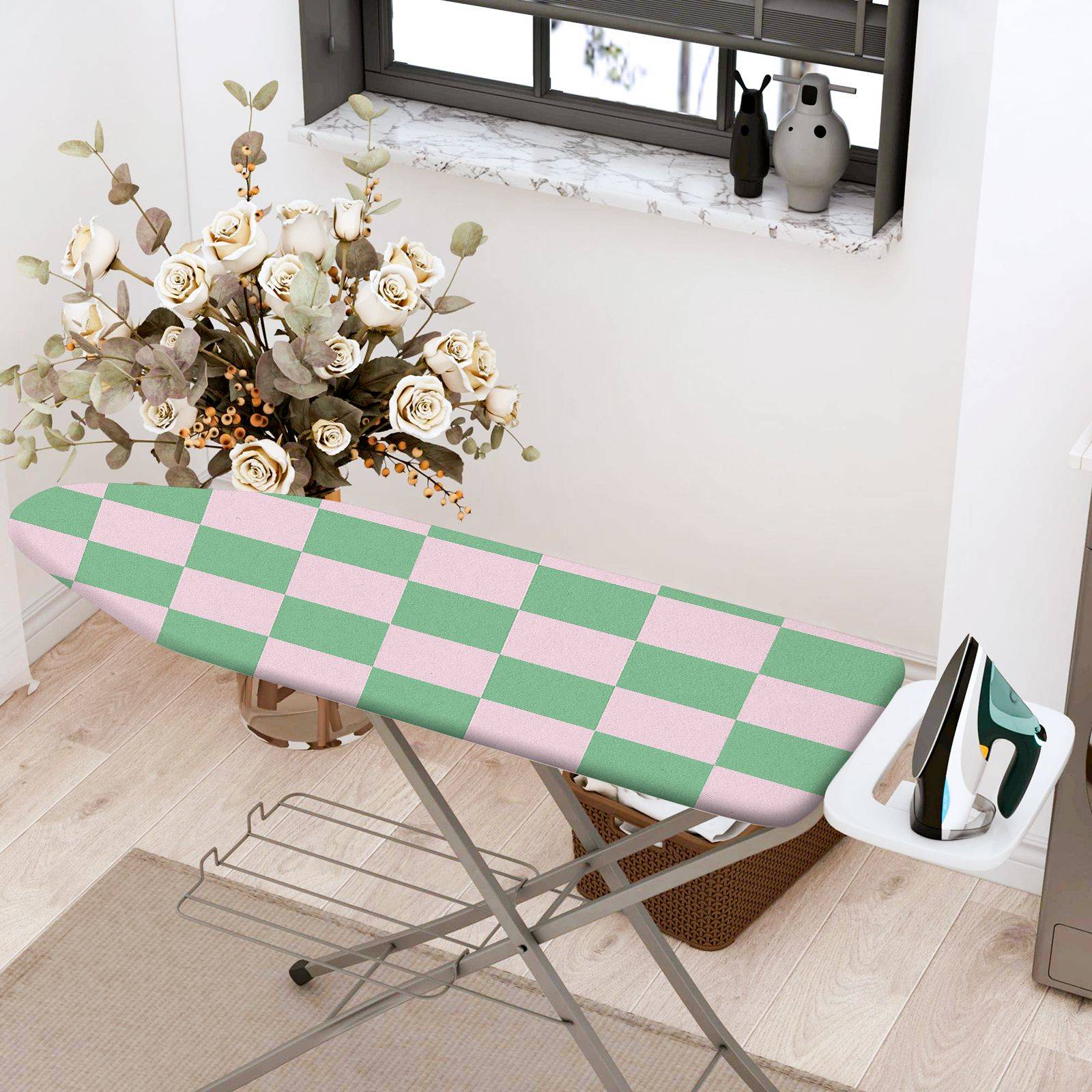 1-Piece Checkered Green Pink Pattern  Ironing Board Cover, Universal Size, Without Board