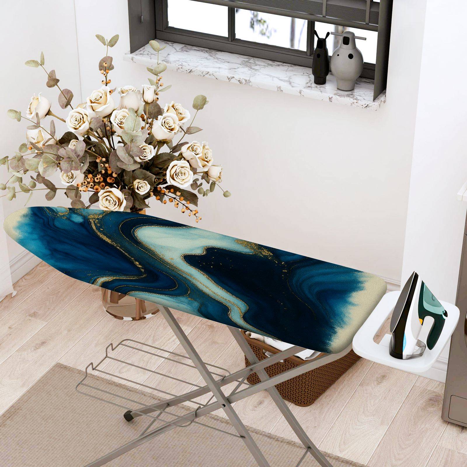 1-Piece Marble Abstract Blue Gold  Ironing Board Cover, Universal Size, Without Board