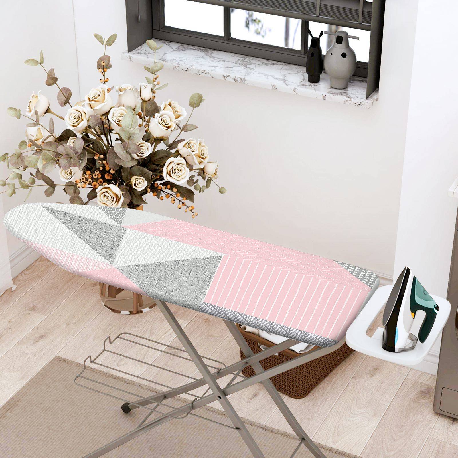 1-Piece Geometric Pink Grey  Ironing Board Cover, Universal Size, Without Board