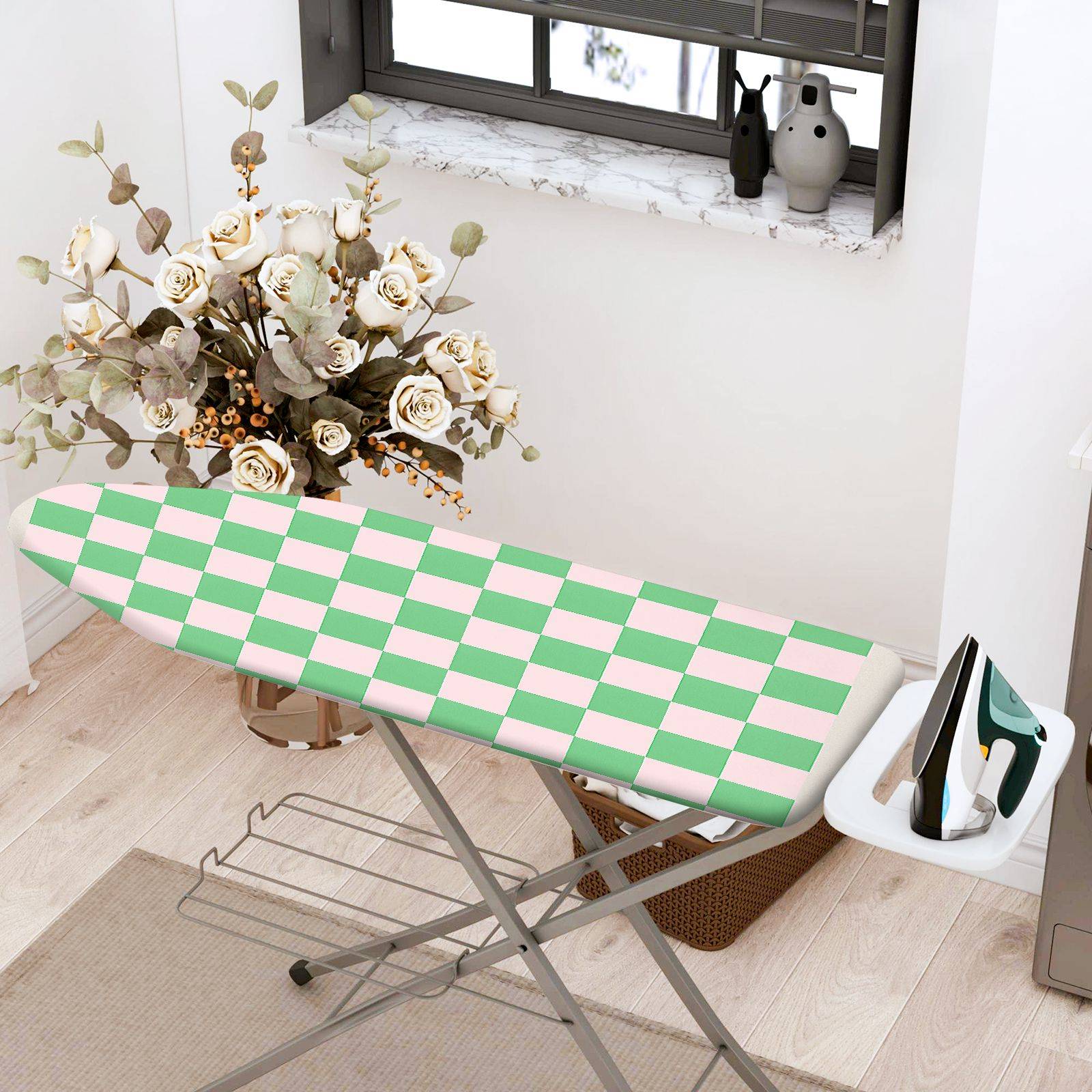 1-Piece Checkerboard Pattern Green Pink  Ironing Board Cover, Universal Size, Without Board