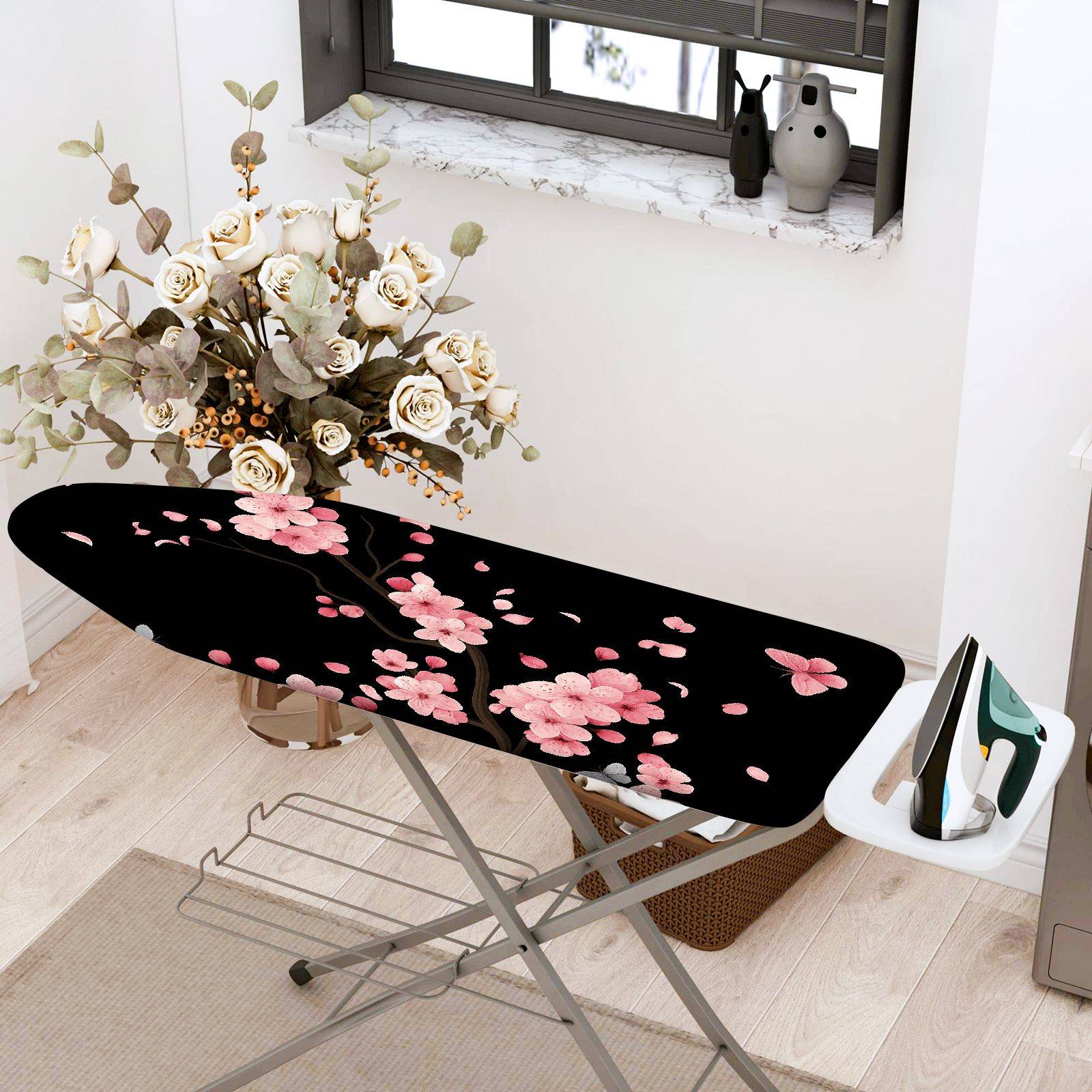 1-Piece Cherry Blossom Pink Floral Black  Ironing Board Cover, Universal Size, Without Board