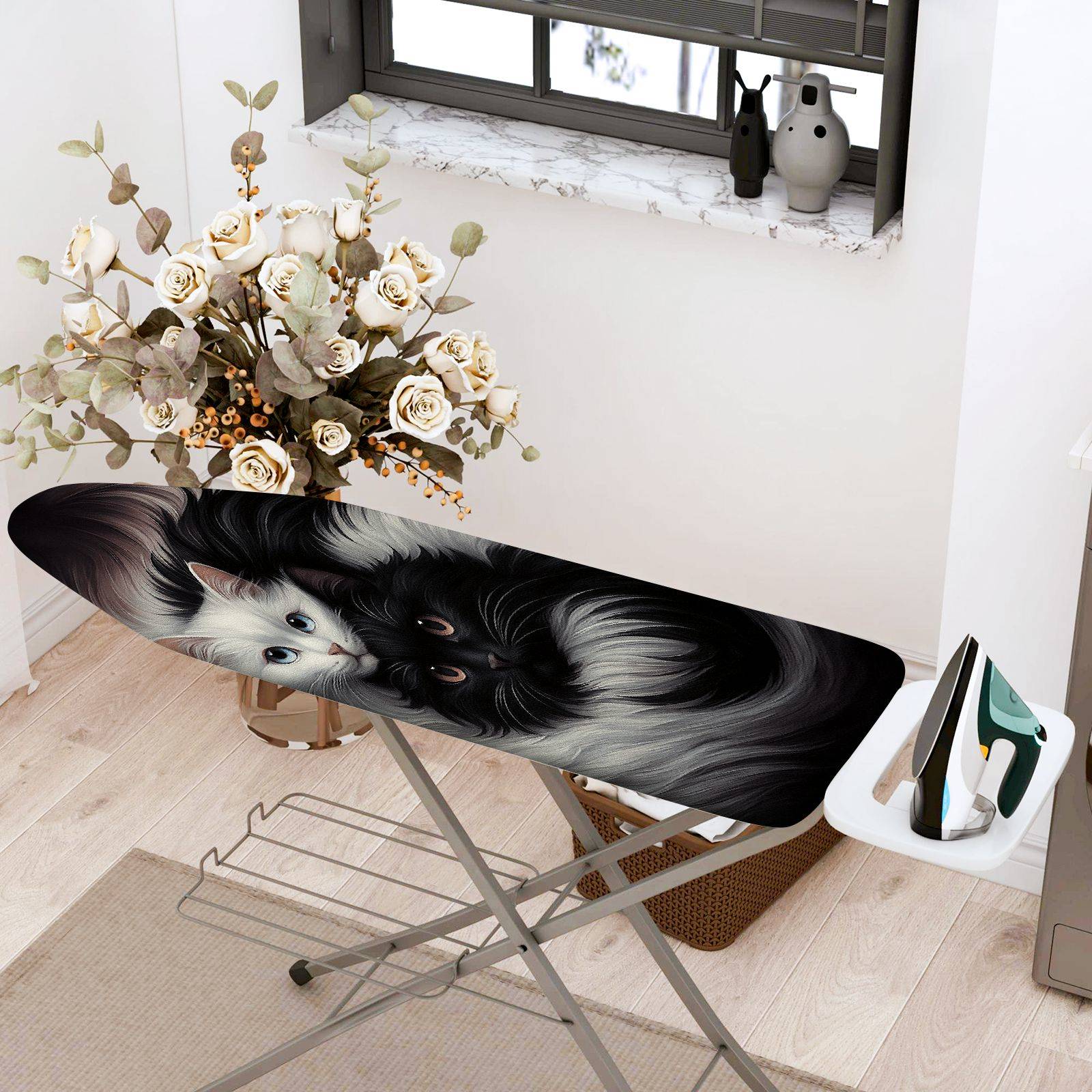 1-Piece Black White Cat Artistic Animal Print  Ironing Board Cover, Universal Size, Without Board
