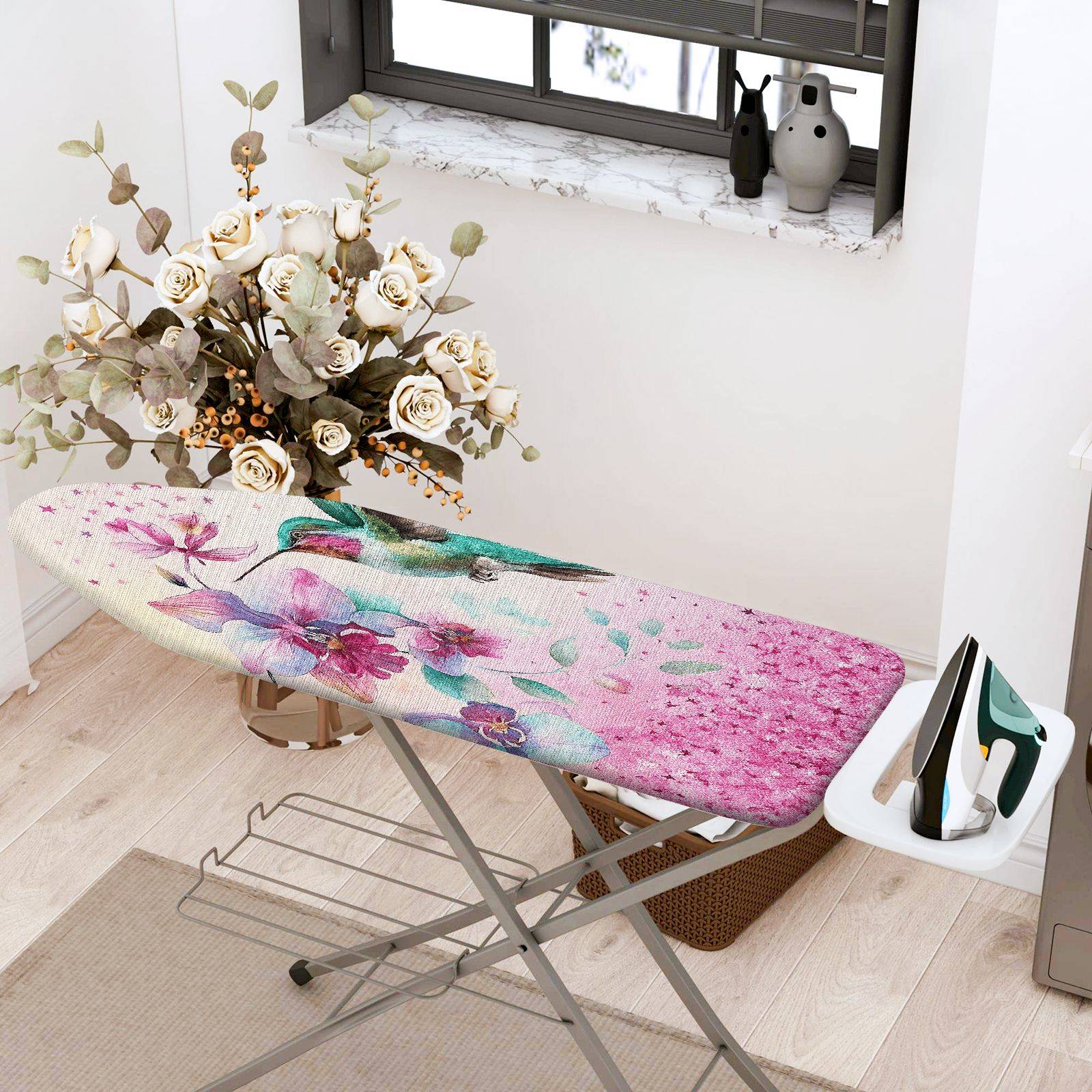 1-Piece Floral Hummingbird Pink  Ironing Board Cover, Universal Size, Without Board