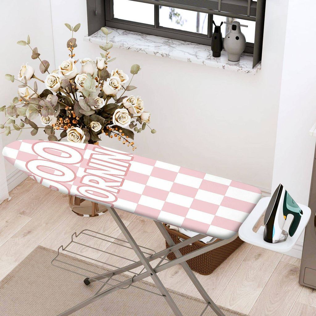 1-Piece Pink Checked Good Morning  Ironing Board Cover, Universal Size, Without Board