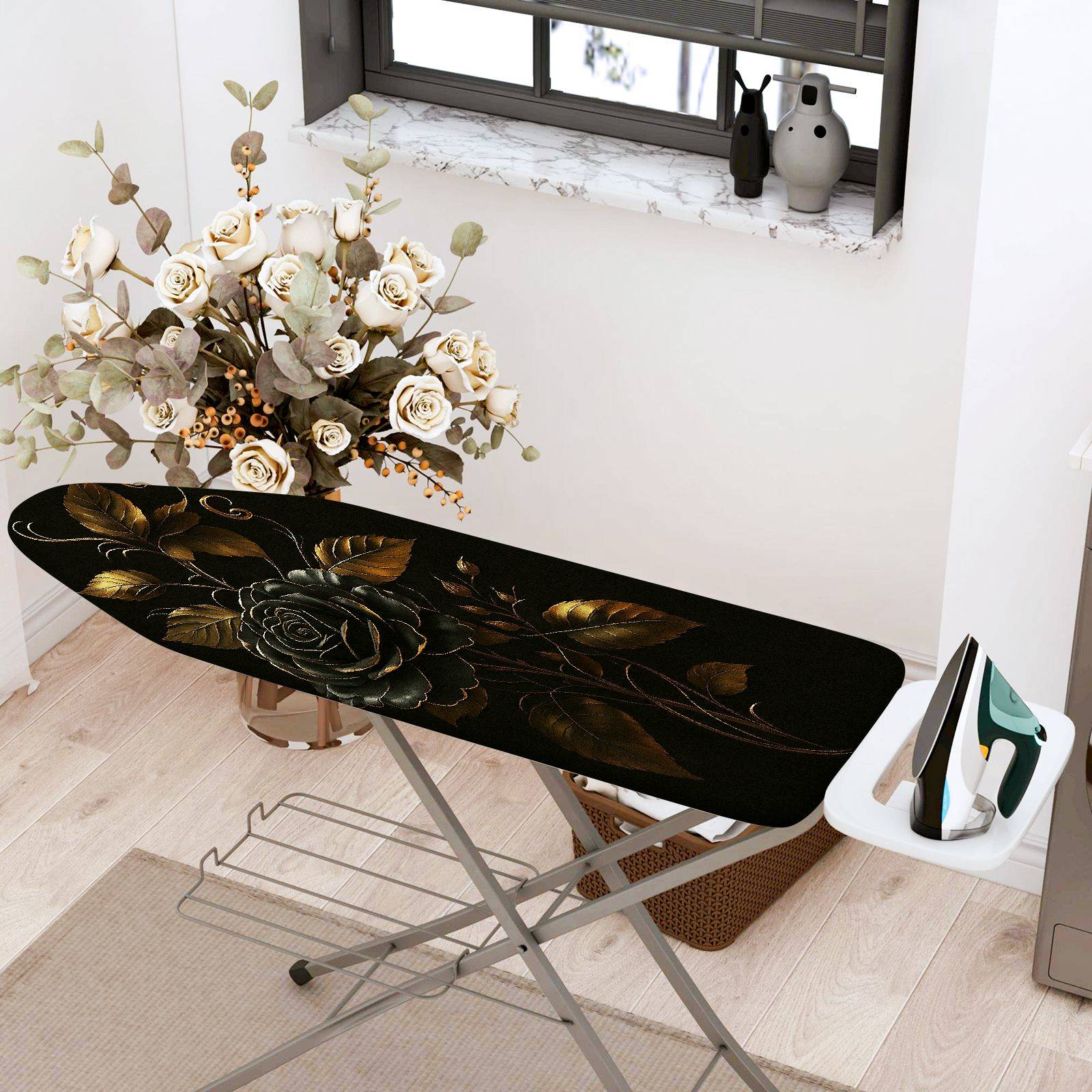 1-Piece Floral Elegant Black  Ironing Board Cover, Universal Size, Without Board