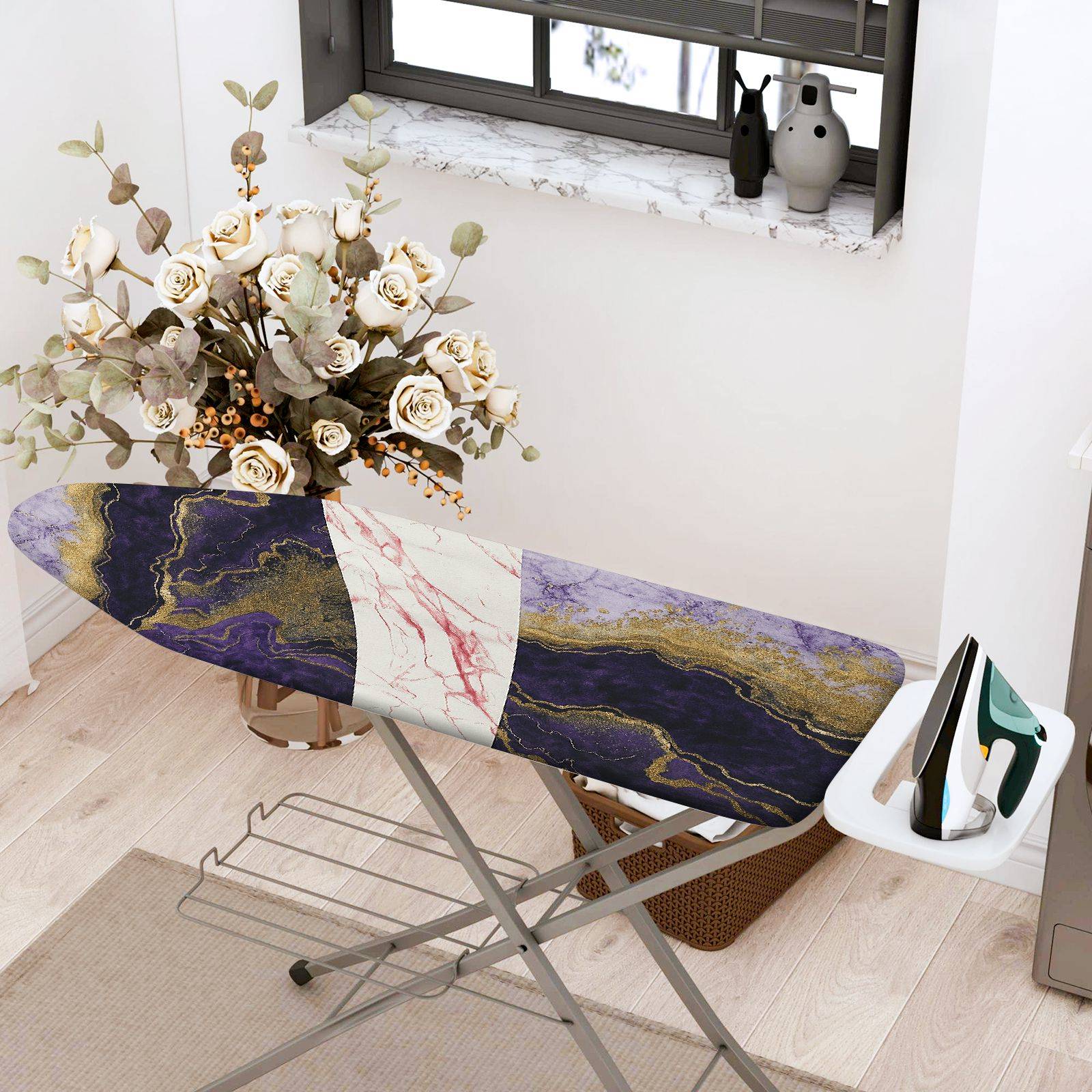 1-Piece Abstract Marble Purple White Gold  Ironing Board Cover, Universal Size, Without Board