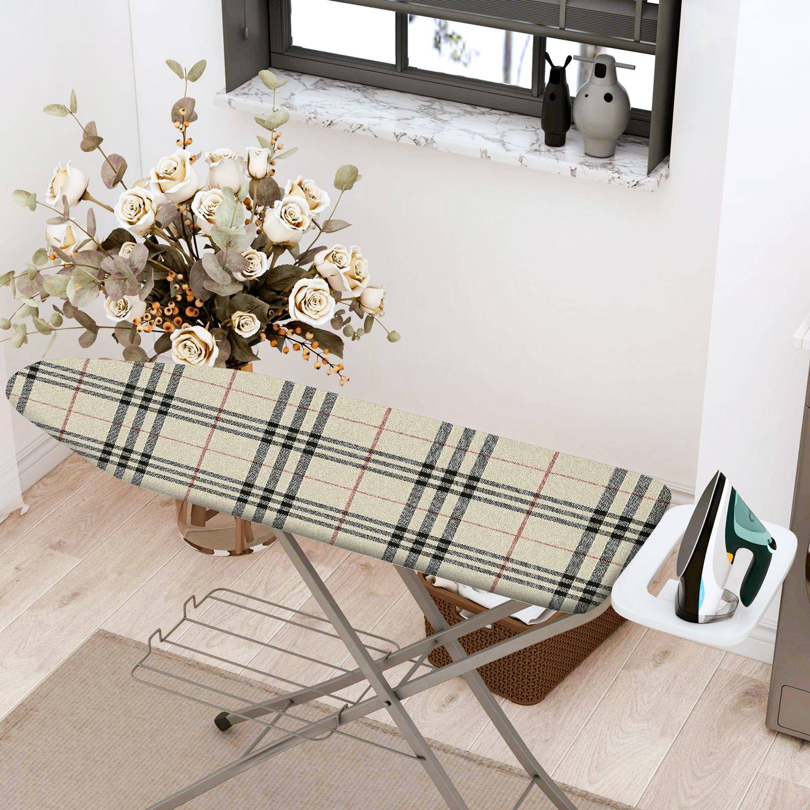 1-Piece Plaid Checkered Beige  Ironing Board Cover, Universal Size, Without Board
