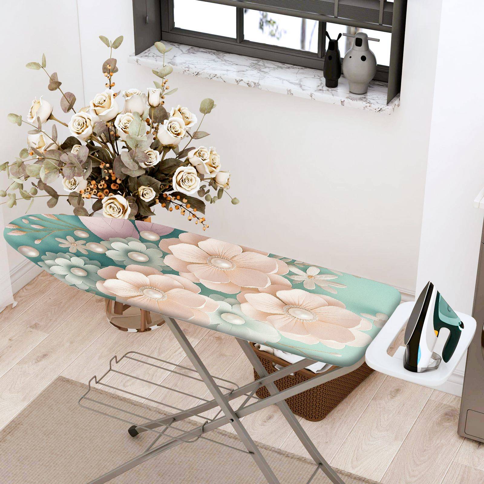 1-Piece Floral Pattern Pastel Green Beige  Ironing Board Cover, Universal Size, Without Board