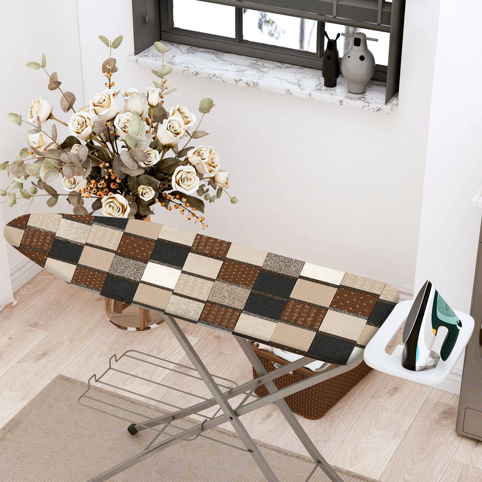 1-Piece Checkered Brown Black Beige  Ironing Board Cover, Universal Size, Without Board