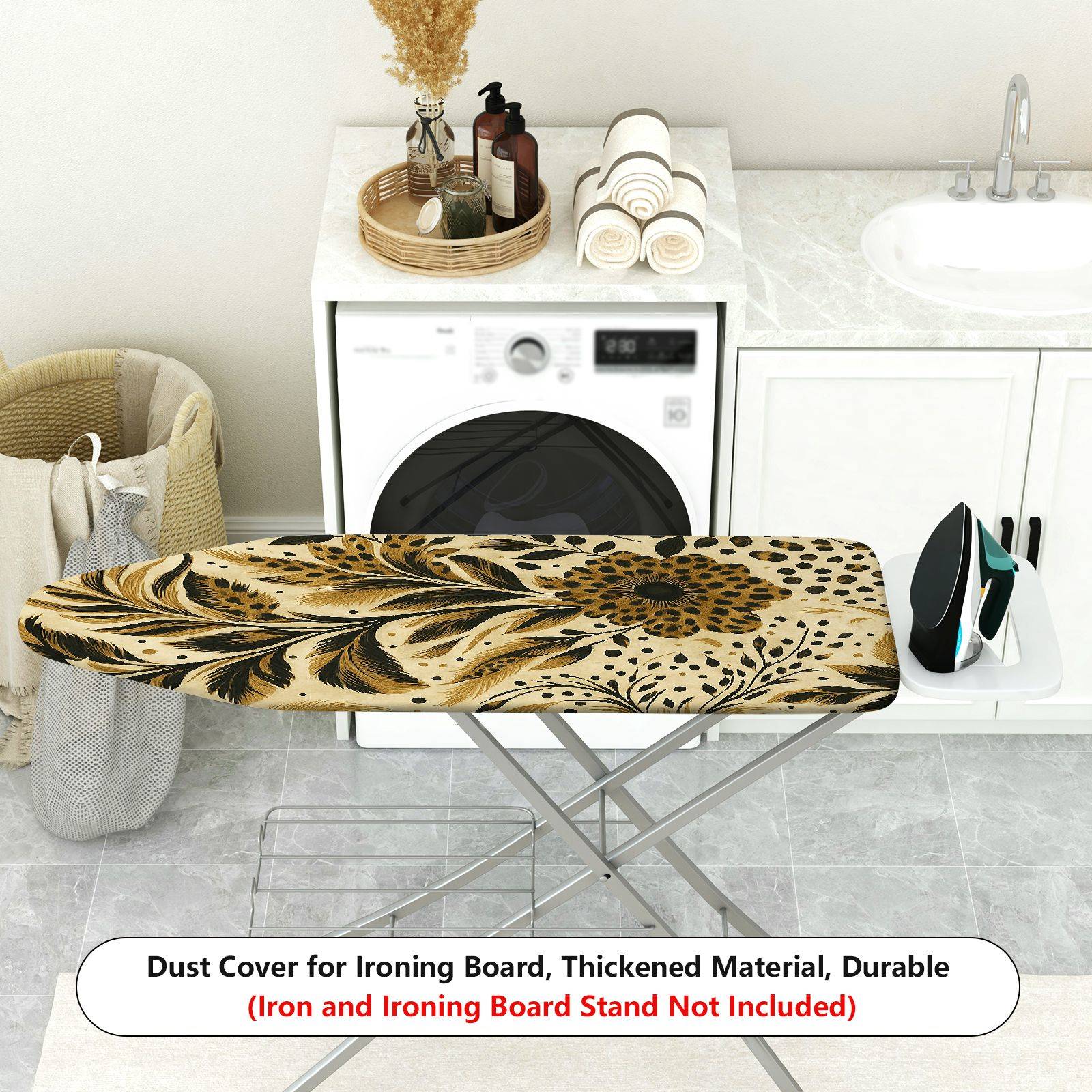 1-Piece Floral Pattern Beige Black Leaves  Ironing Board Cover, Universal Size, Without Board