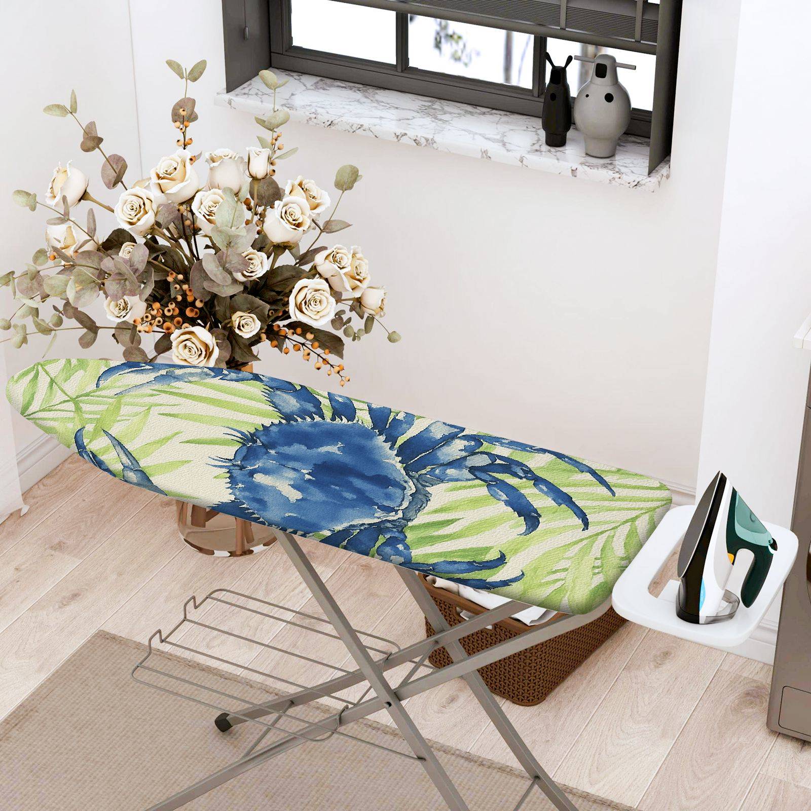 1-Piece Blue Crab Leaves Ocean  Ironing Board Cover, Universal Size, Without Board
