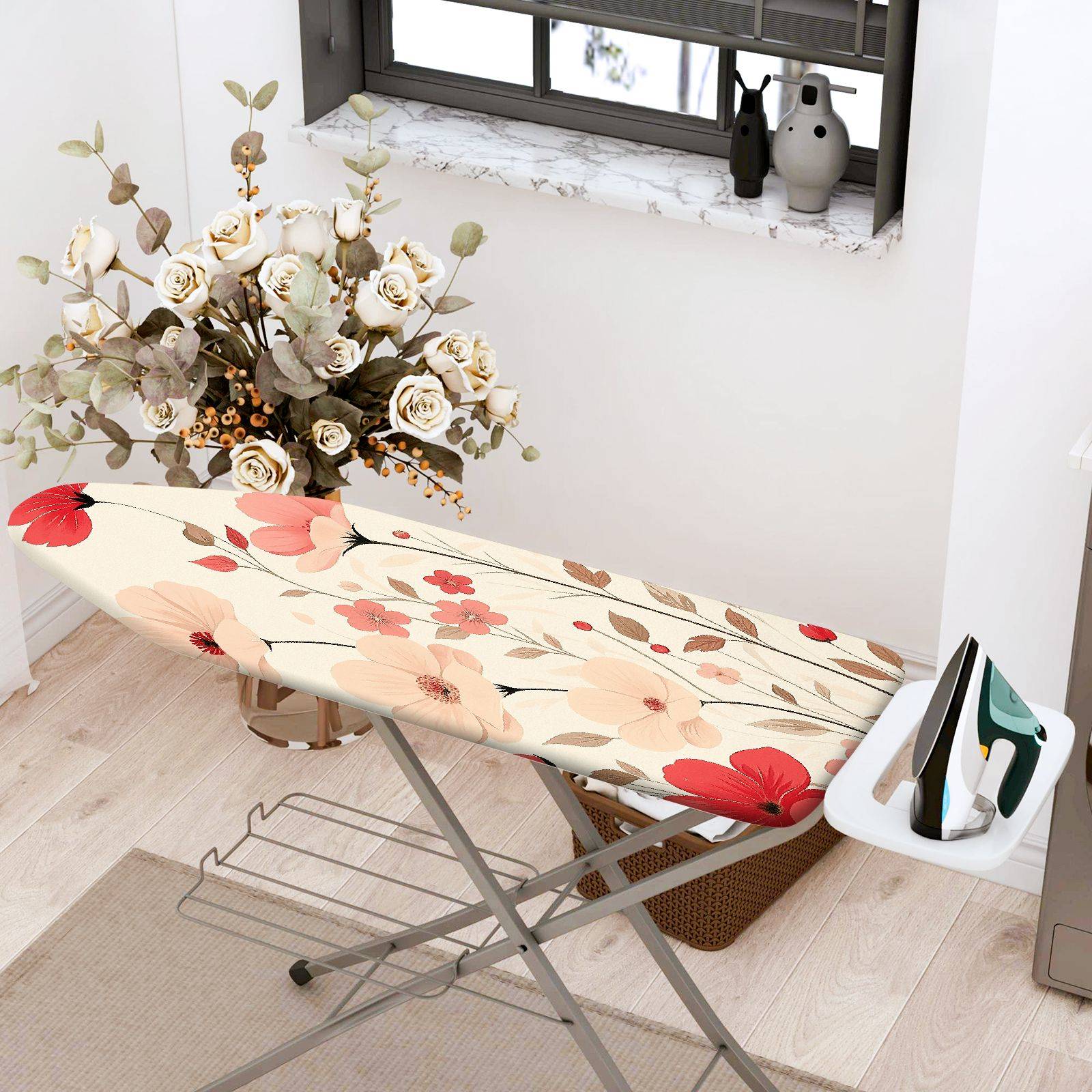 1-Piece Floral Pattern Pink Red Blossoms  Ironing Board Cover, Universal Size, Without Board
