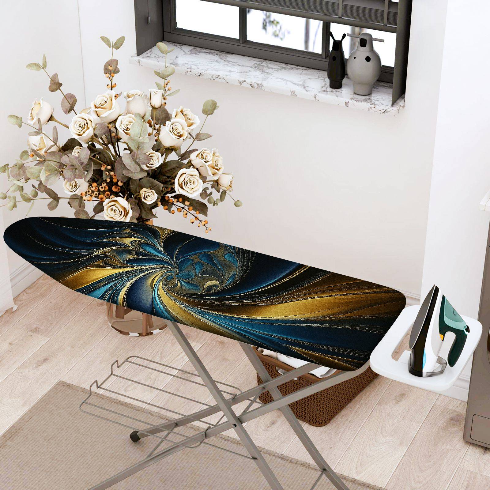 1-Piece Abstract Swirl Pattern Blue Gold  Ironing Board Cover, Universal Size, Without Board