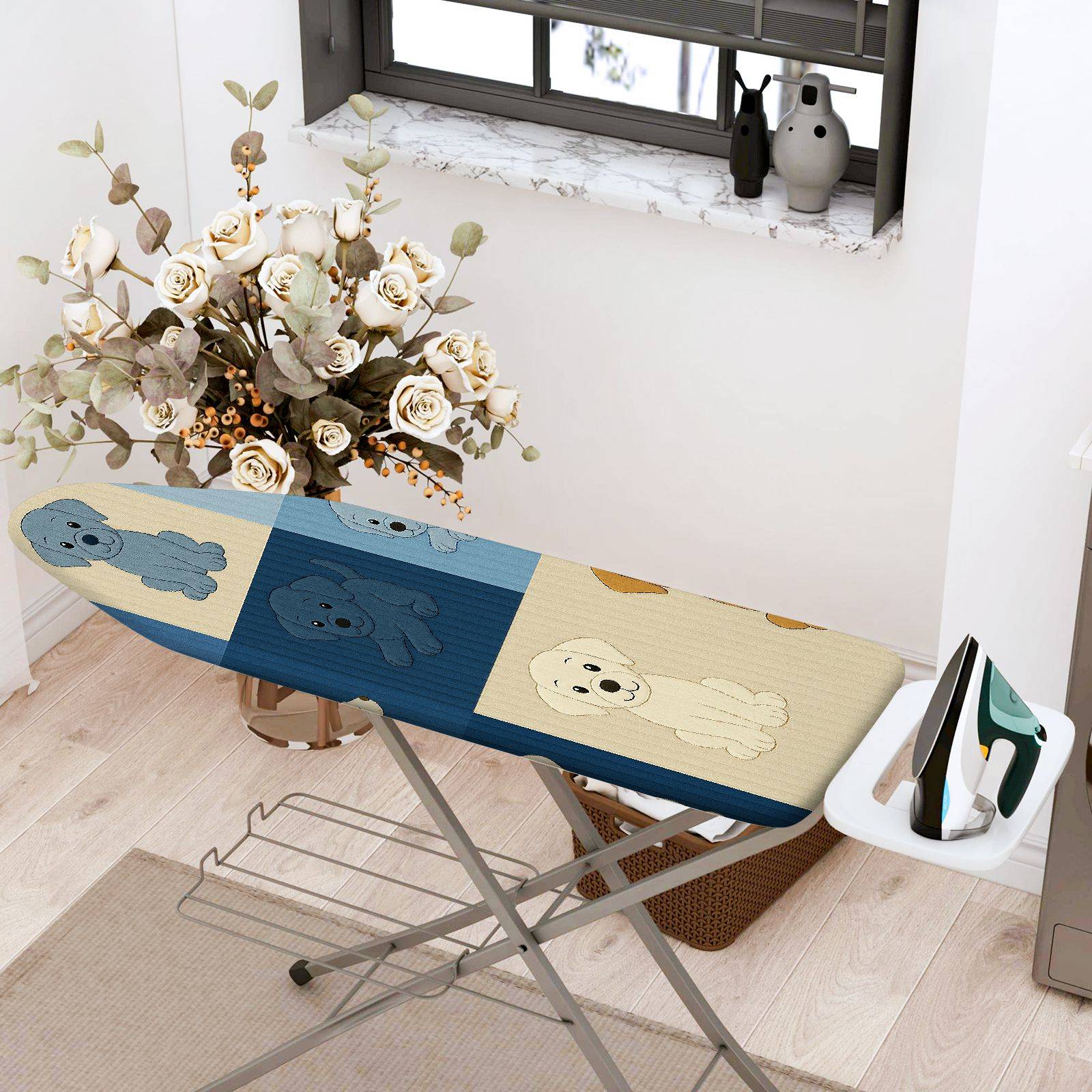 1-Piece Dogs Blue Beige Horizontal  Ironing Board Cover, Universal Size, Without Board