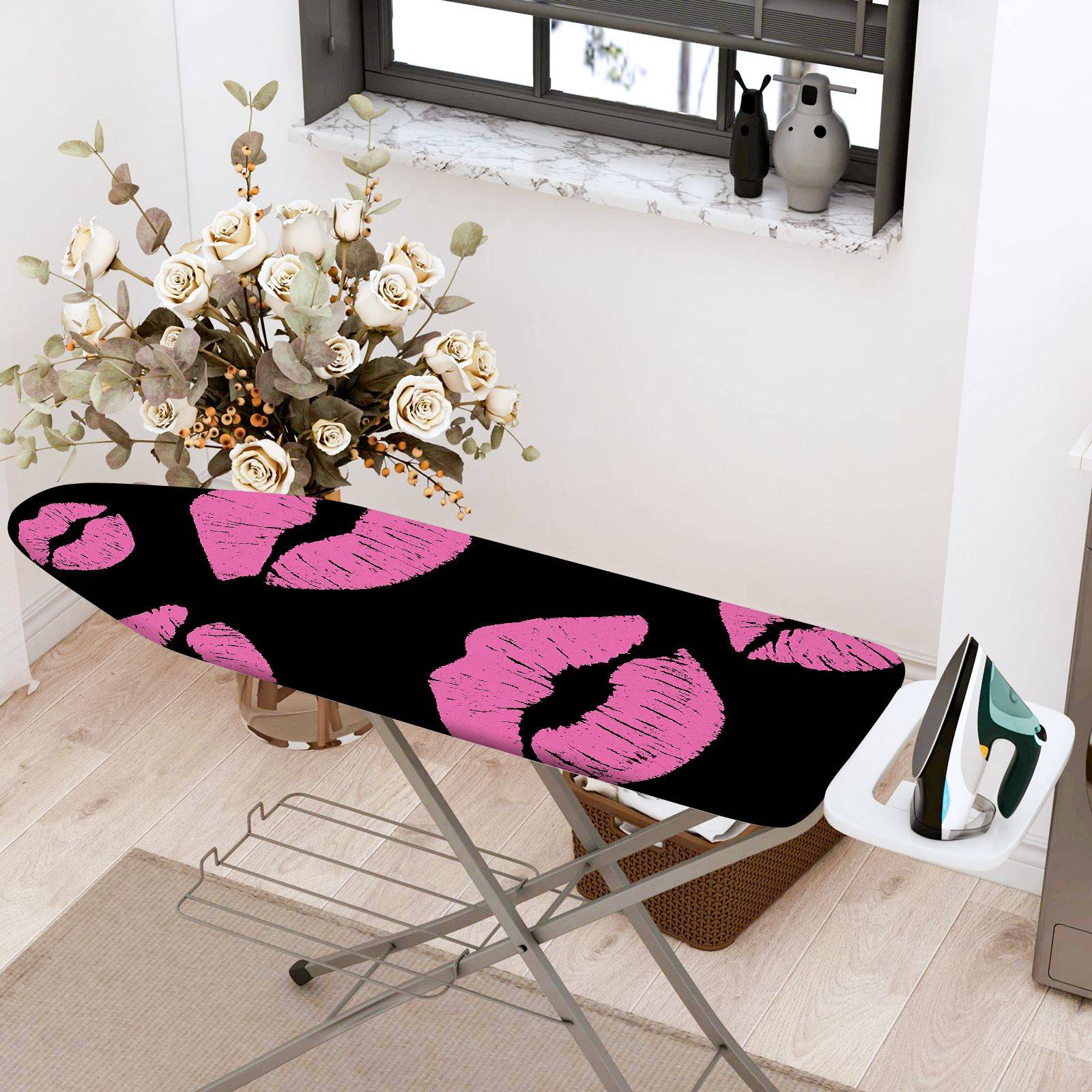 1-Piece Kiss Lip Pattern Pink Black  Ironing Board Cover, Universal Size, Without Board