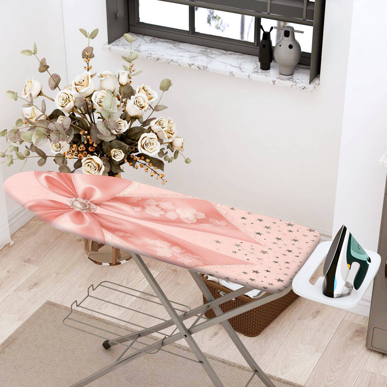 1-Piece Pink Bow Floral Star  Ironing Board Cover, Universal Size, Without Board