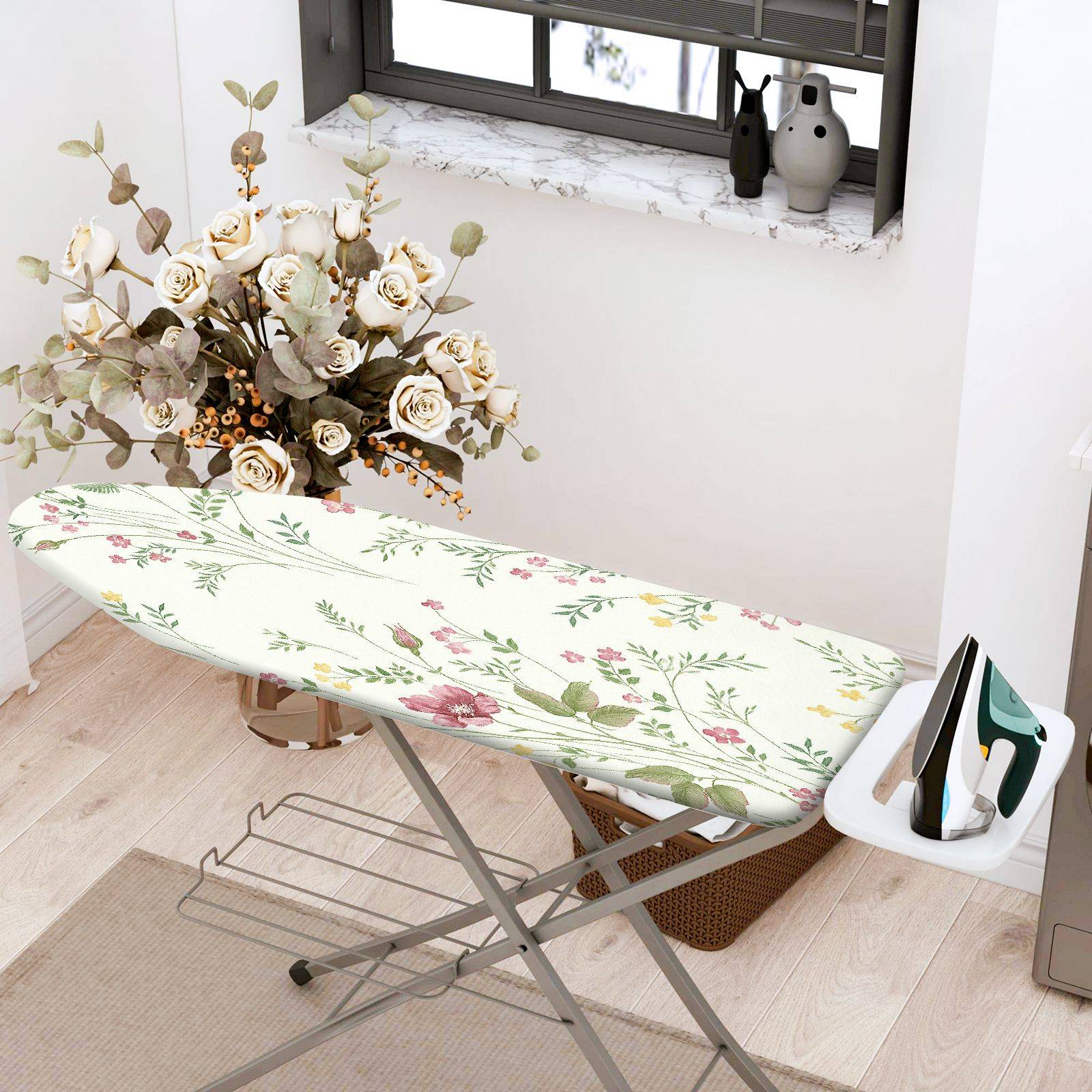 1-Piece Floral Green Pink Flower  Ironing Board Cover, Universal Size, Without Board