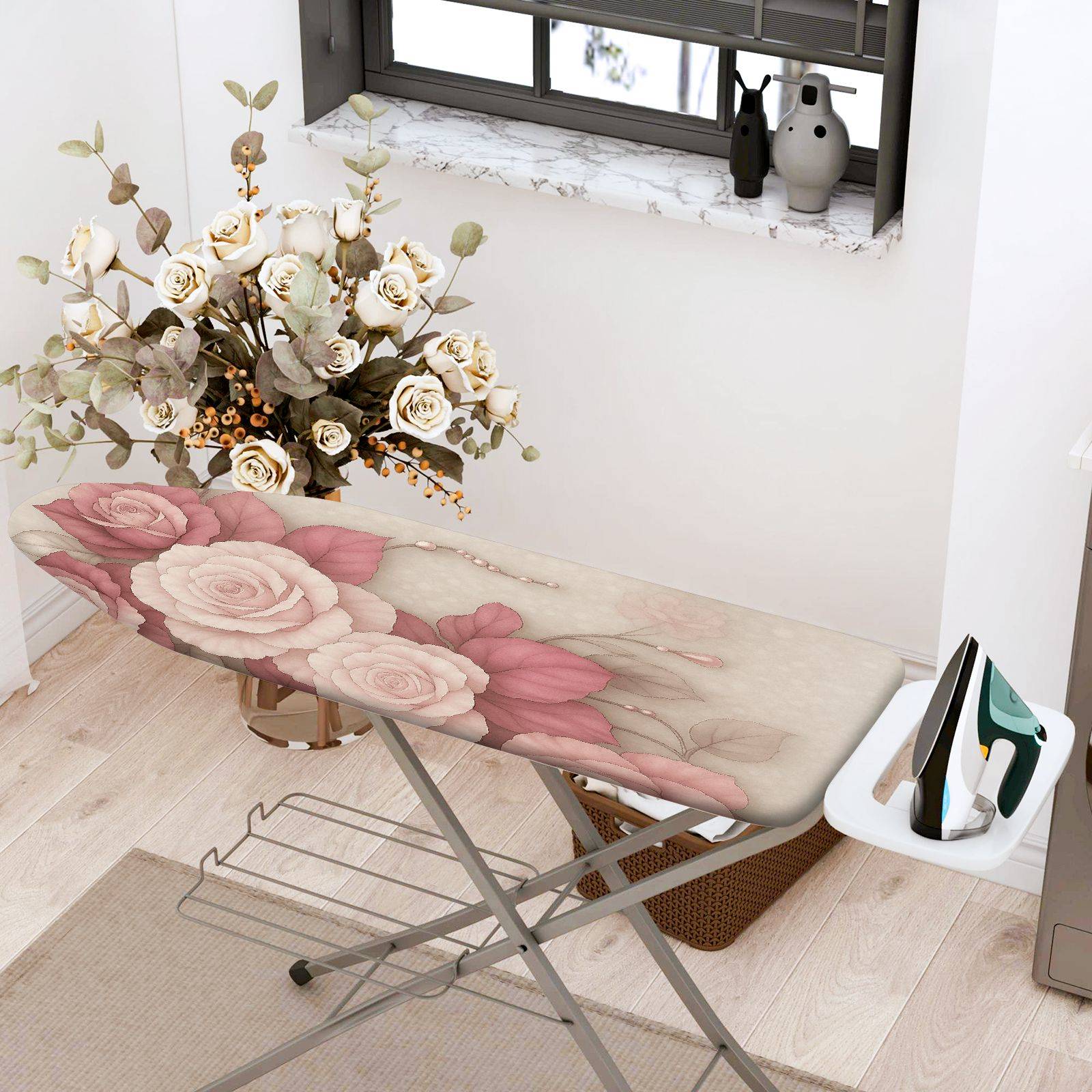 1-Piece Floral Rose Pink  Ironing Board Cover, Universal Size, Without Board
