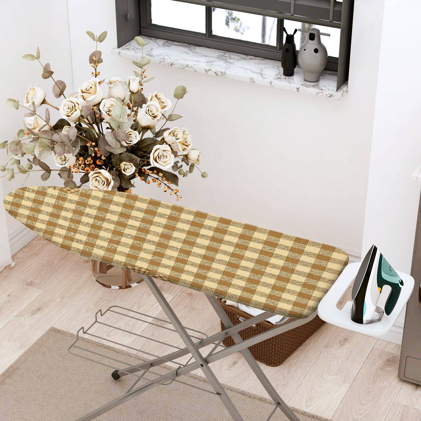 1-Piece Gingham Pattern Beige Checkered  Ironing Board Cover, Universal Size, Without Board