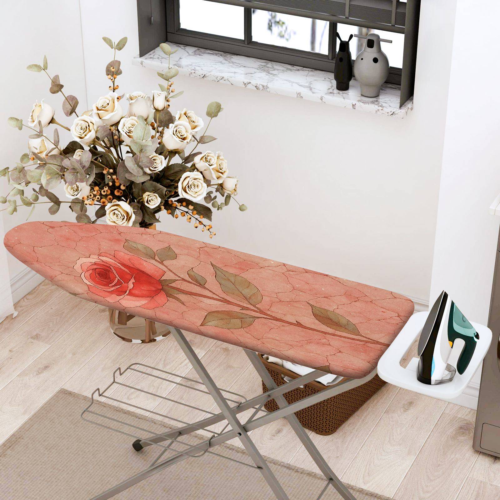 1-Piece Pink Rose Floral Print  Ironing Board Cover, Universal Size, Without Board