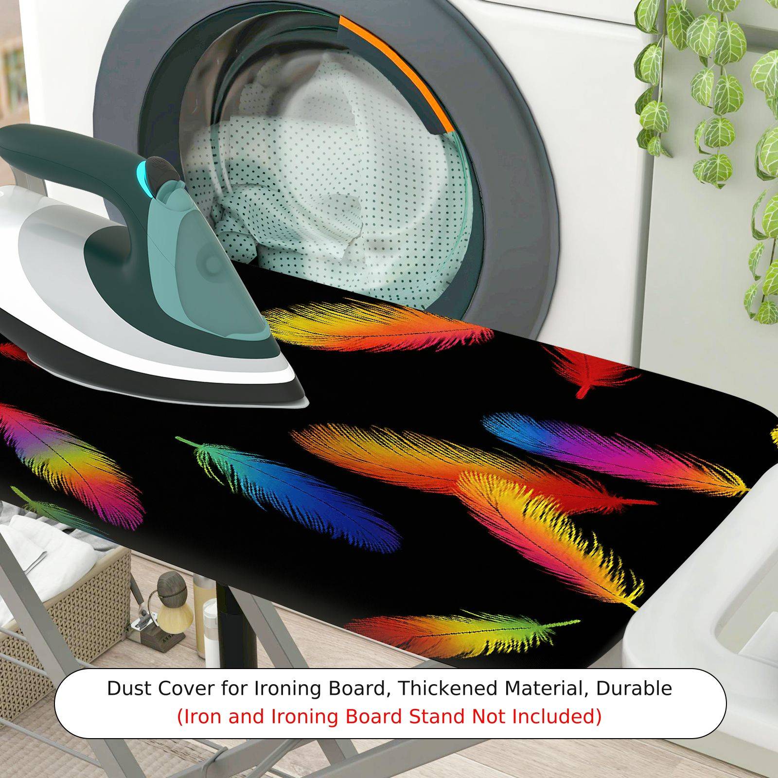 1-Piece Feather Pattern Colorful Design Black Background  Ironing Board Cover, Universal Size, Without Board