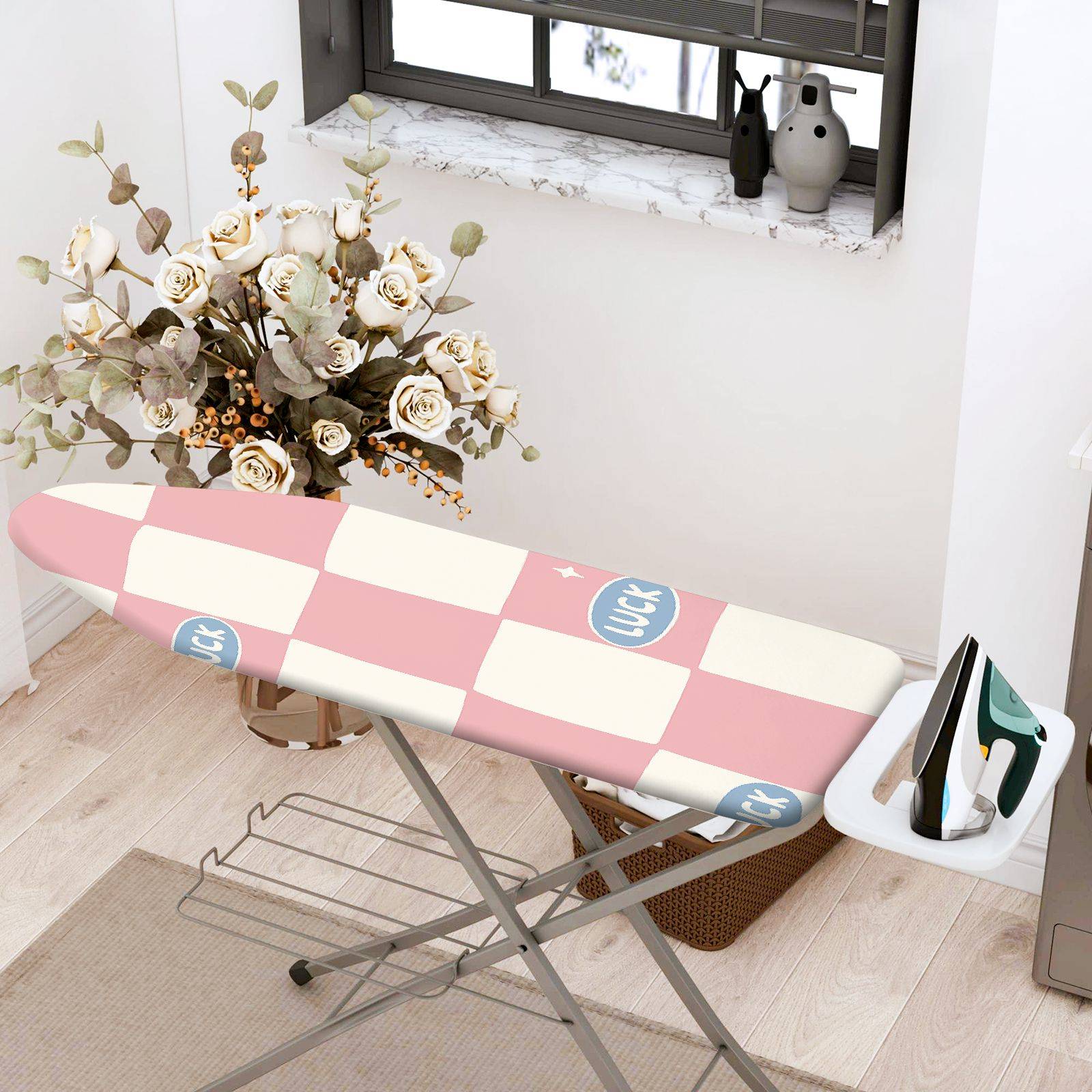 1-Piece Pink Checkered Luck  Ironing Board Cover, Universal Size, Without Board