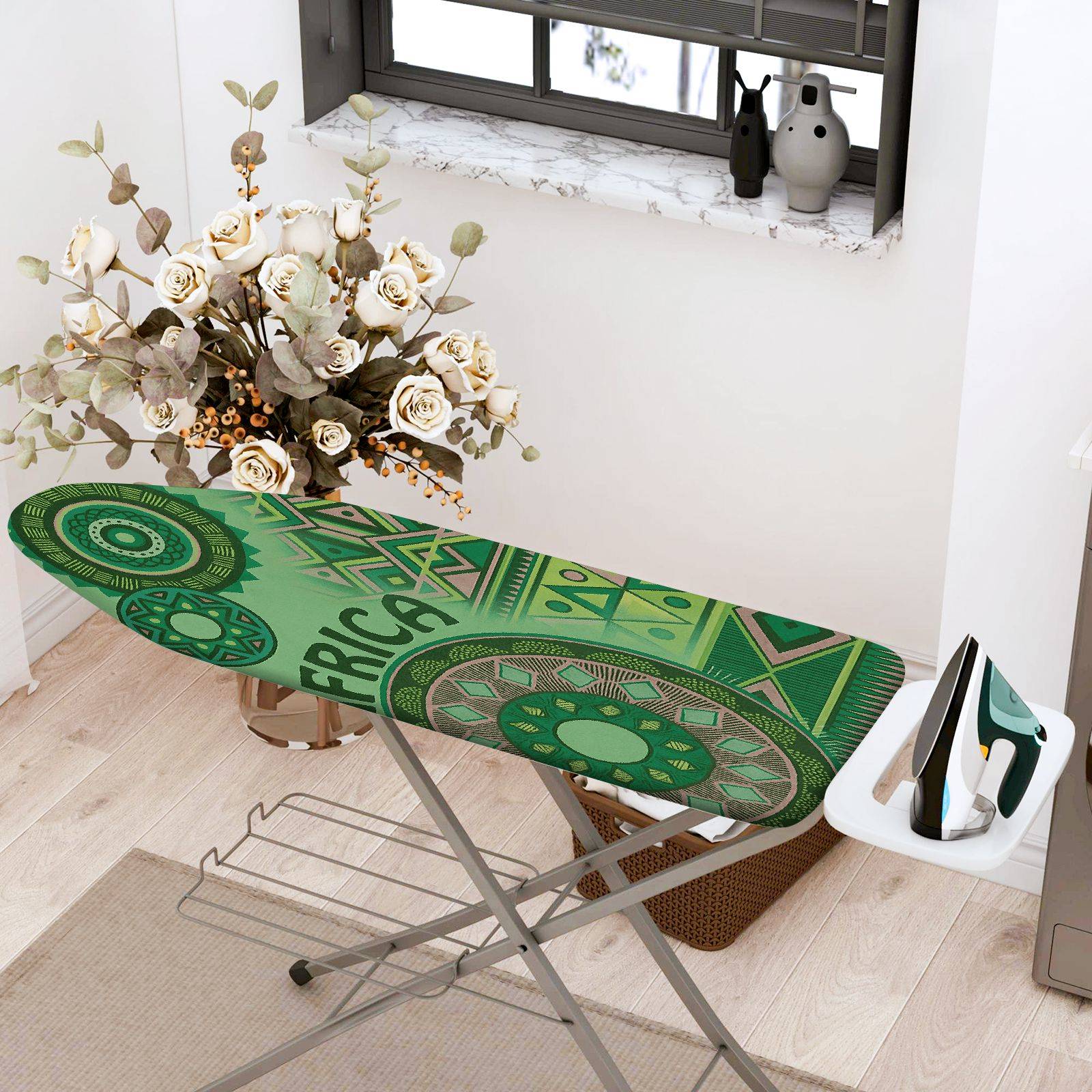 1-Piece African Green Geometric  Ironing Board Cover, Universal Size, Without Board