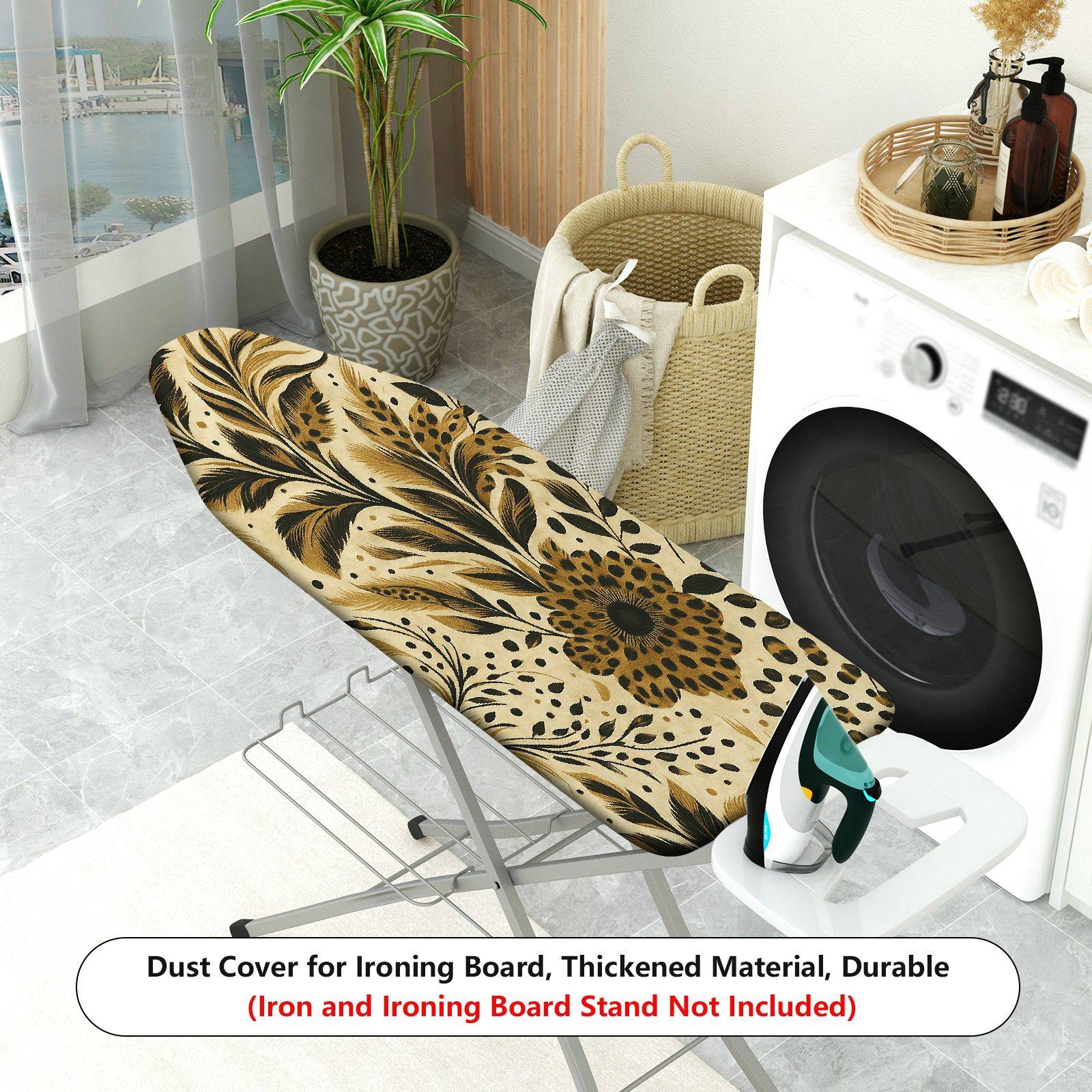 1-Piece Floral Pattern Beige Black Leaves  Ironing Board Cover, Universal Size, Without Board