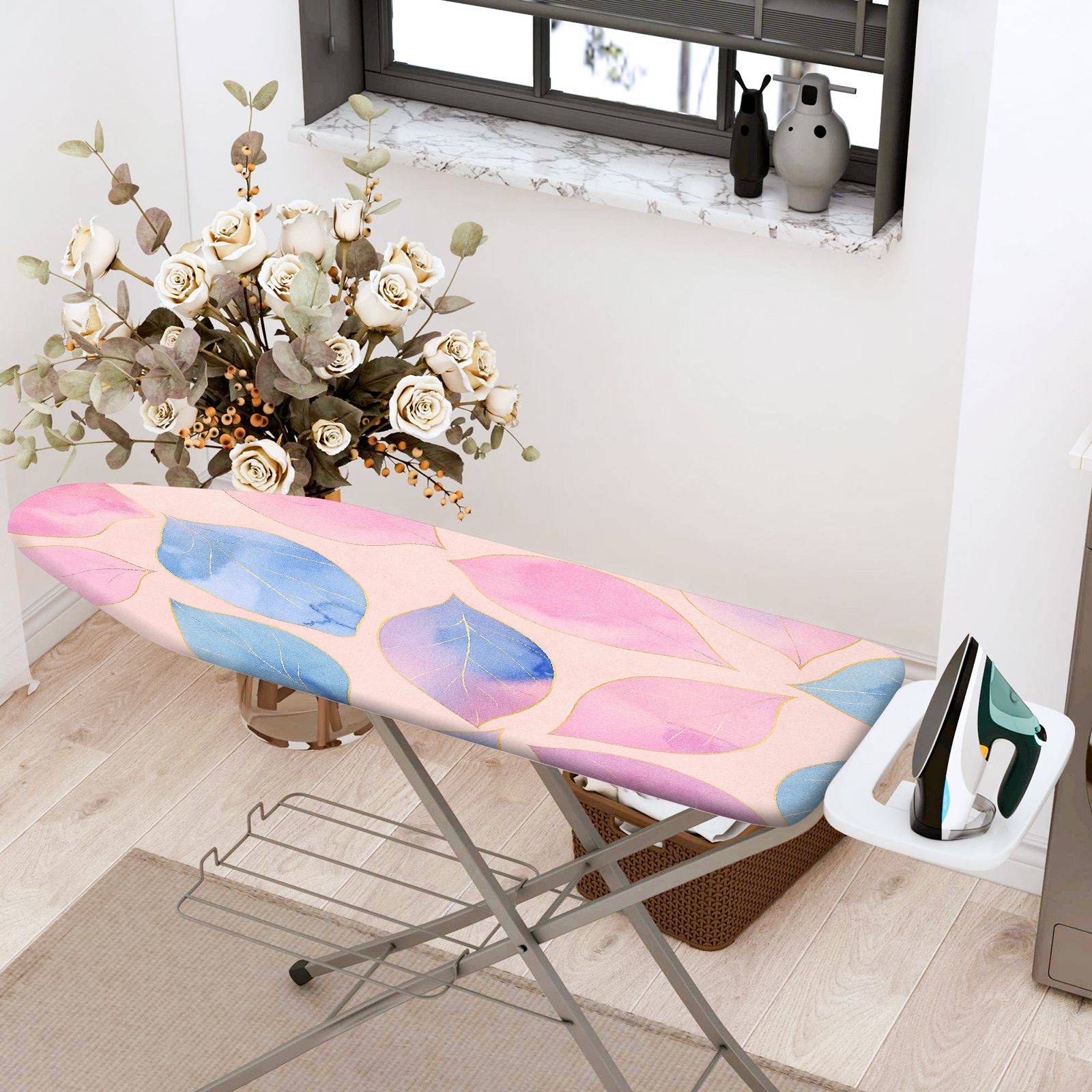 1-Piece Pink Blue Leaf Pattern  Ironing Board Cover, Universal Size, Without Board
