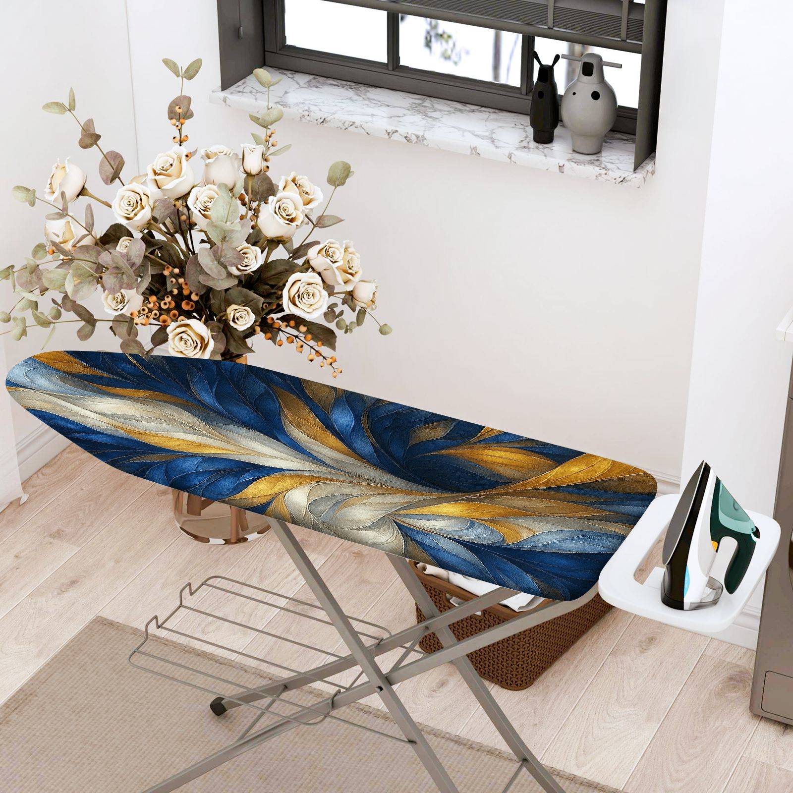 1-Piece Abstract Swirl Blue Gold  Ironing Board Cover, Universal Size, Without Board