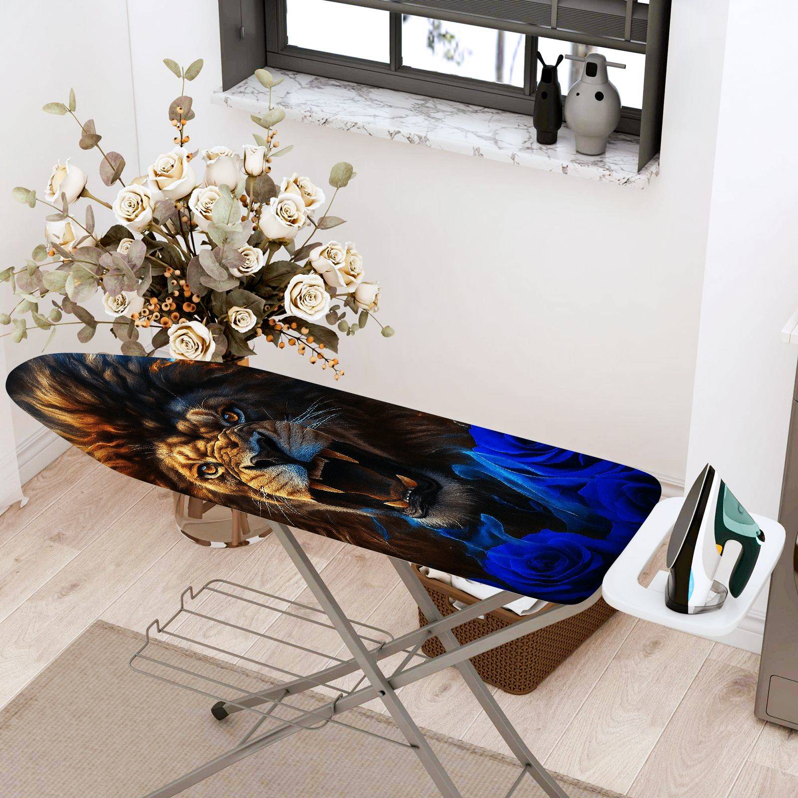 1-Piece Lion Blue Rose Abstract  Ironing Board Cover, Universal Size, Without Board