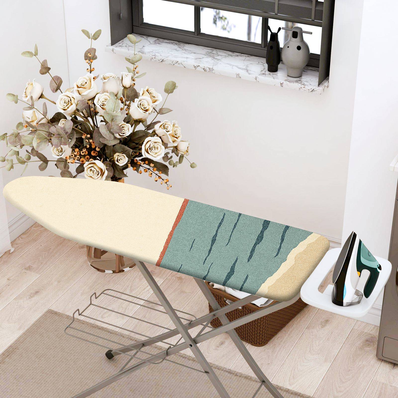 1-Piece Geometric Art Blue Beige  Ironing Board Cover, Universal Size, Without Board
